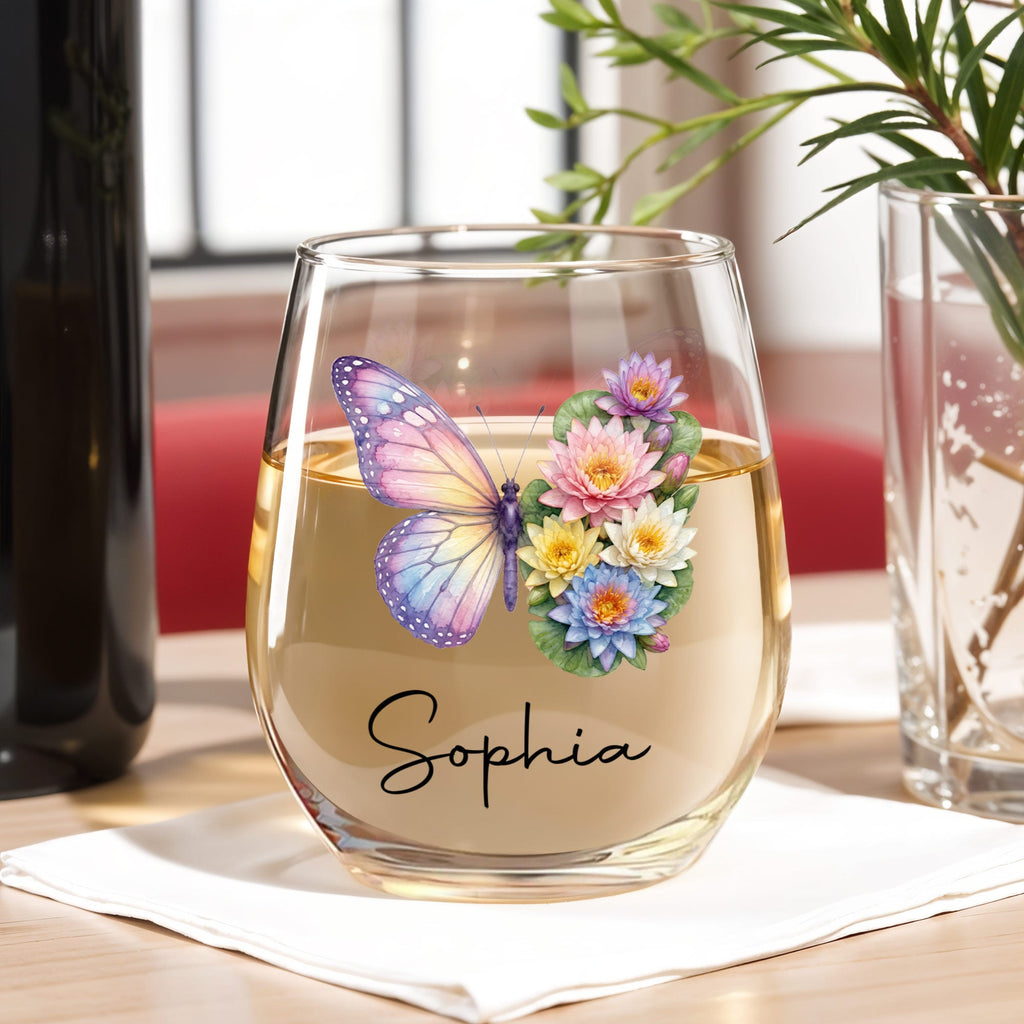 Personalized Stemless Wine Glass Custom Birth Month Flower Gift for Her Wine Glasses GradoCreations