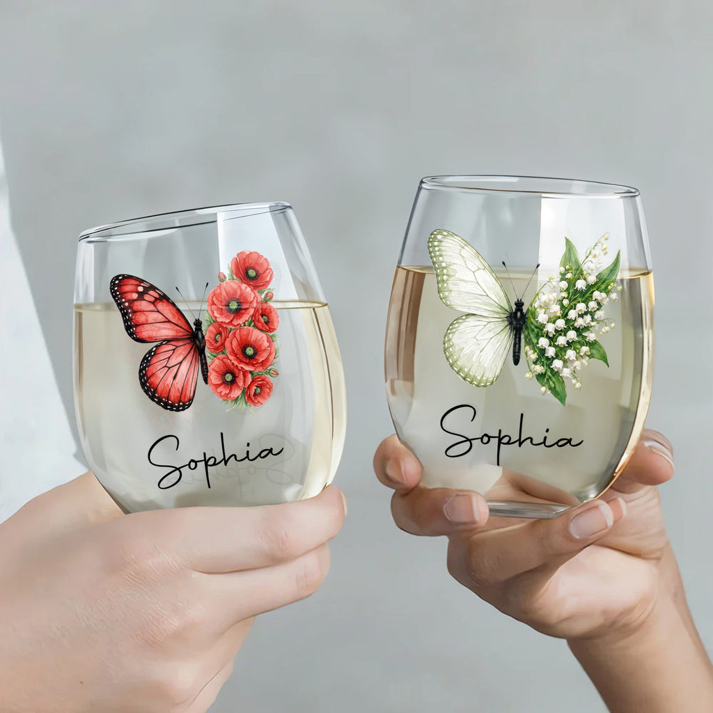 Personalized Stemless Wine Glass Custom Birth Month Flower Gift for Her Wine Glasses GradoCreations