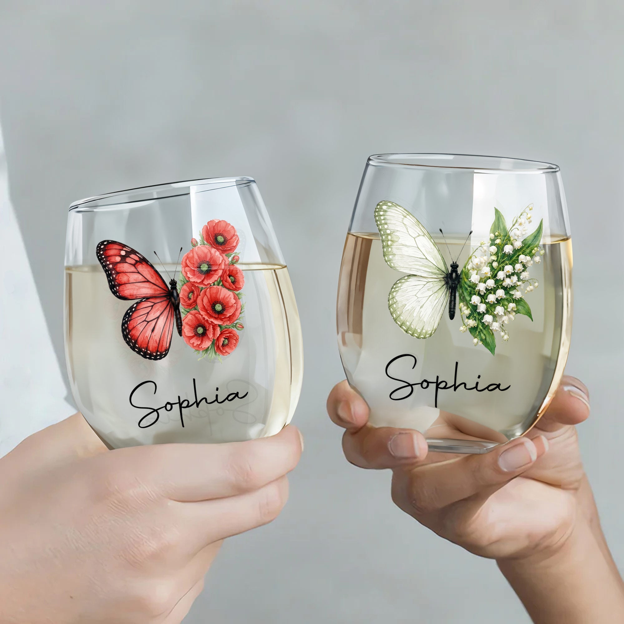 Personalized Stemless Wine Glass Custom Birth Month Flower Gift for Her Wine Glasses GradoCreations