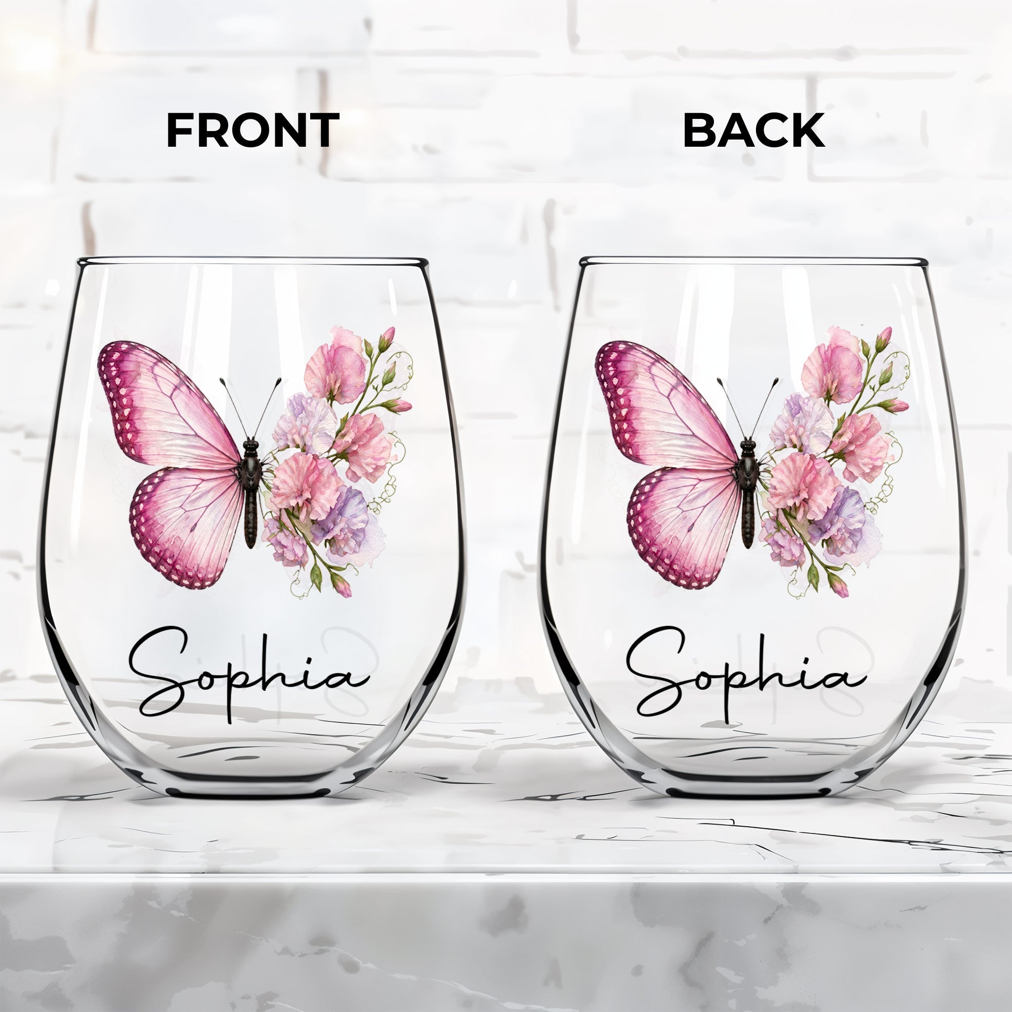 Personalized Stemless Wine Glass Custom Birth Month Flower Gift for Her Wine Glasses GradoCreations