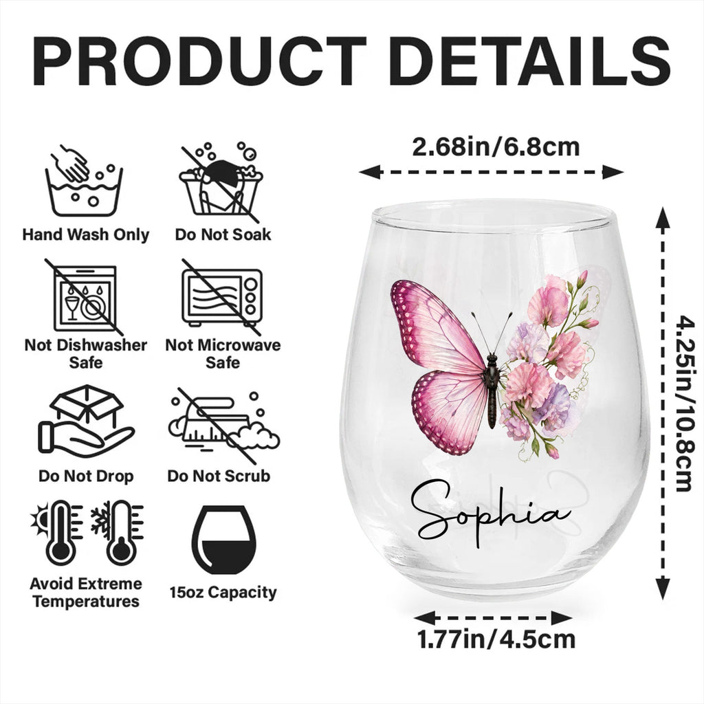 Personalized Stemless Wine Glass Custom Birth Month Flower Gift for Her Wine Glasses GradoCreations