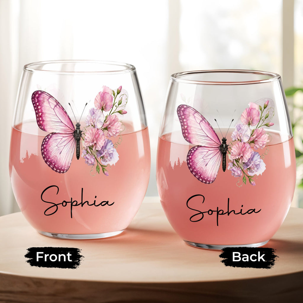 Personalized Stemless Wine Glass Custom Birth Month Flower Gift for Her Wine Glasses GradoCreations