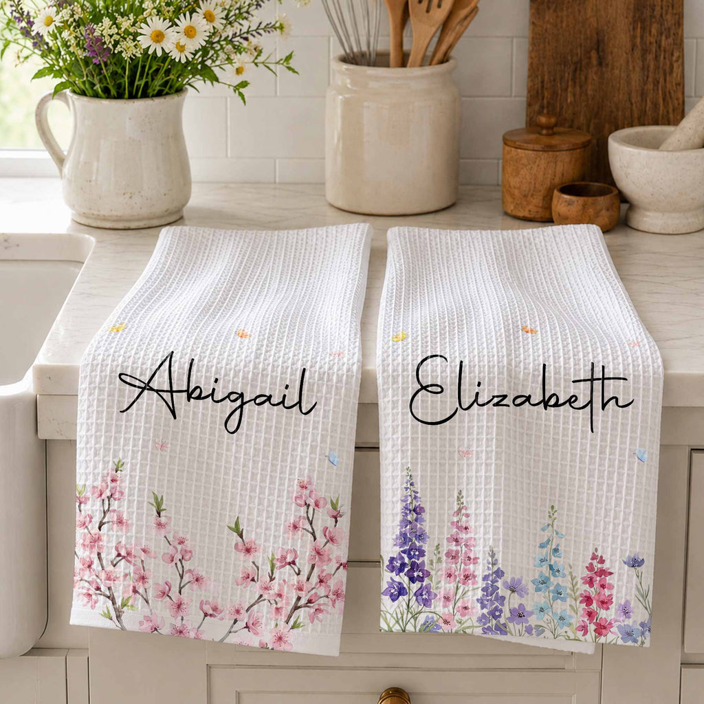 Personalized Kitchen Towel with Birth Month Flowers for Her