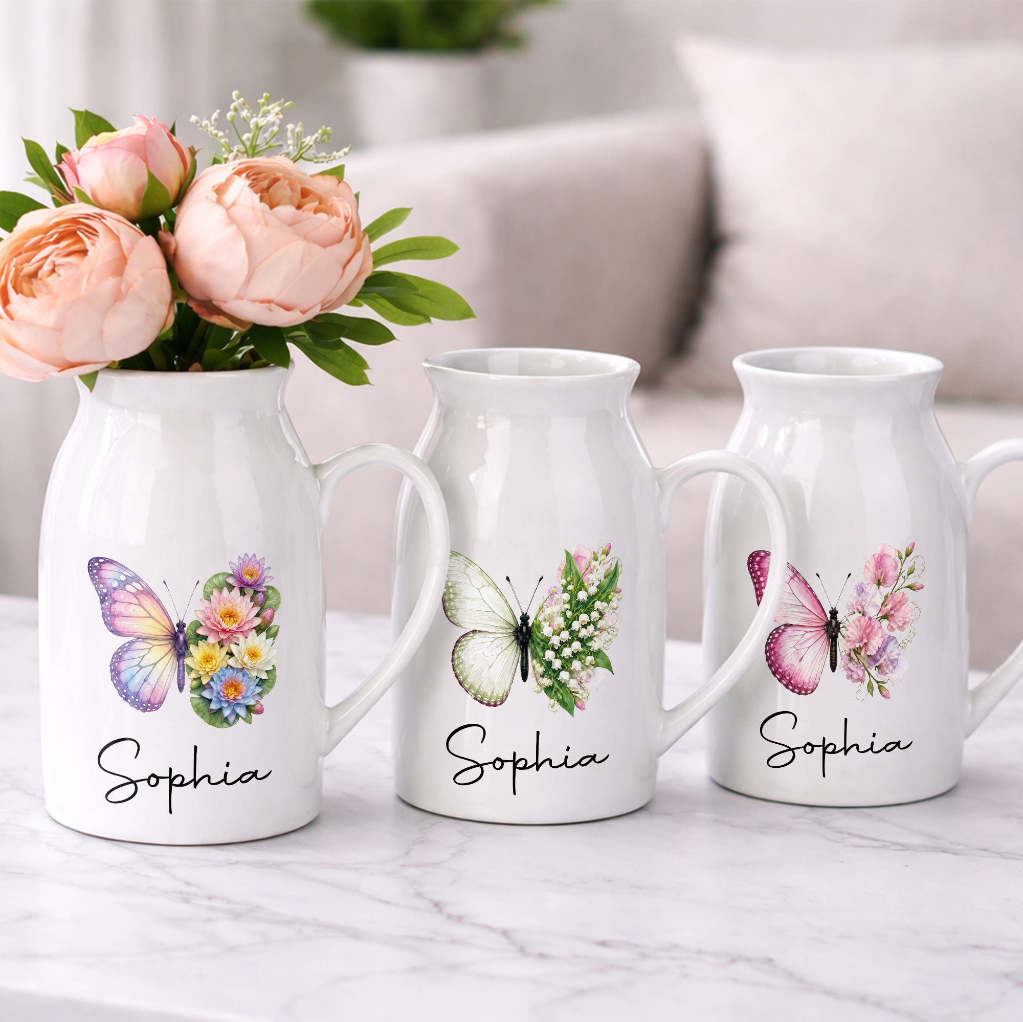Personalized Butterfly Ceramic Flower Vase Custom Name Gift Flower Vase GradoCreations