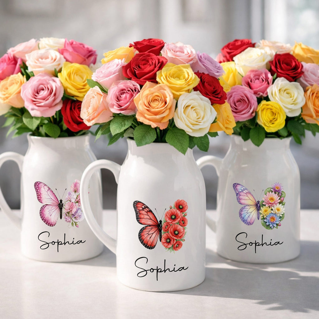 Personalized Butterfly Ceramic Flower Vase Custom Name Gift Flower Vase GradoCreations