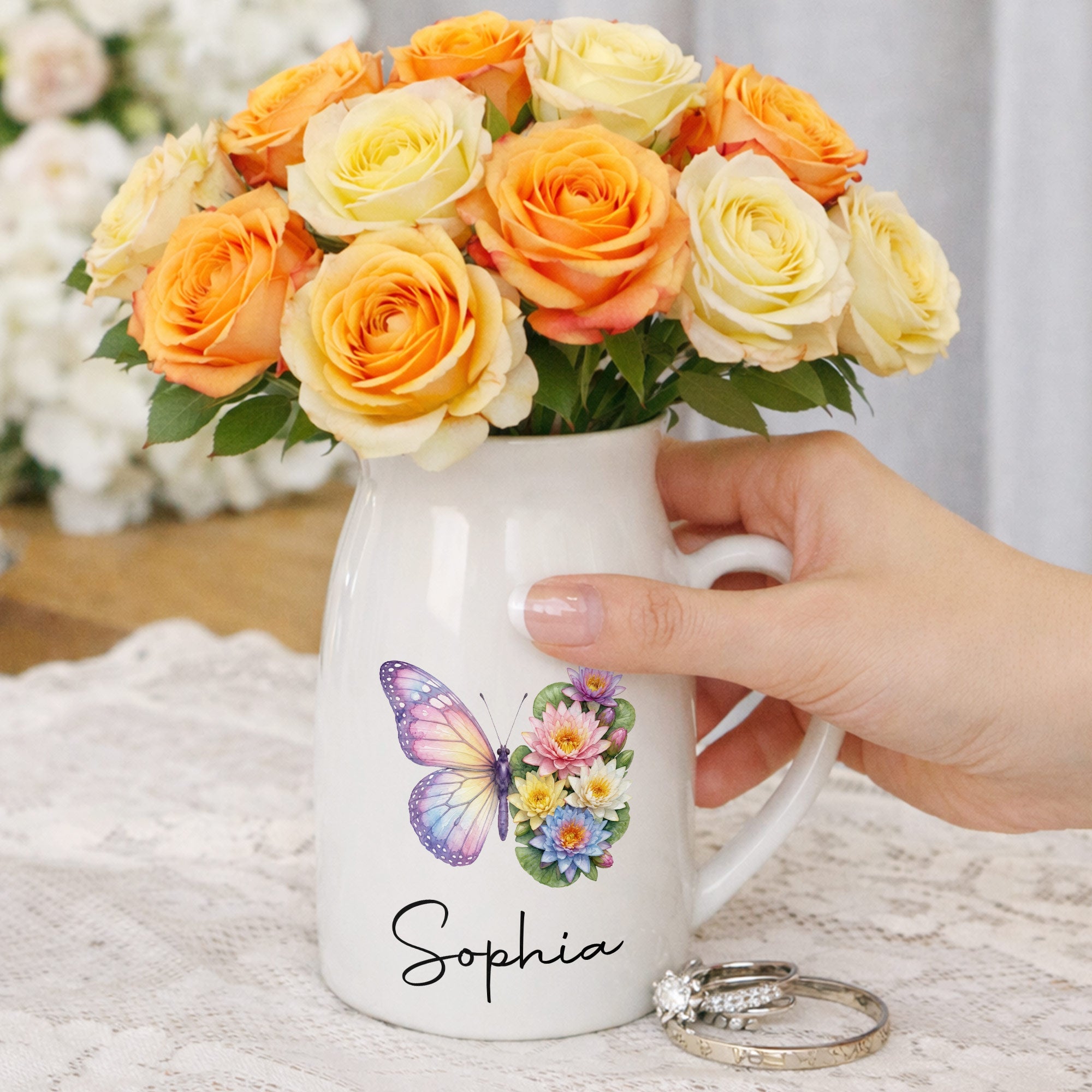Personalized Butterfly Ceramic Flower Vase Custom Name Gift Flower Vase GradoCreations