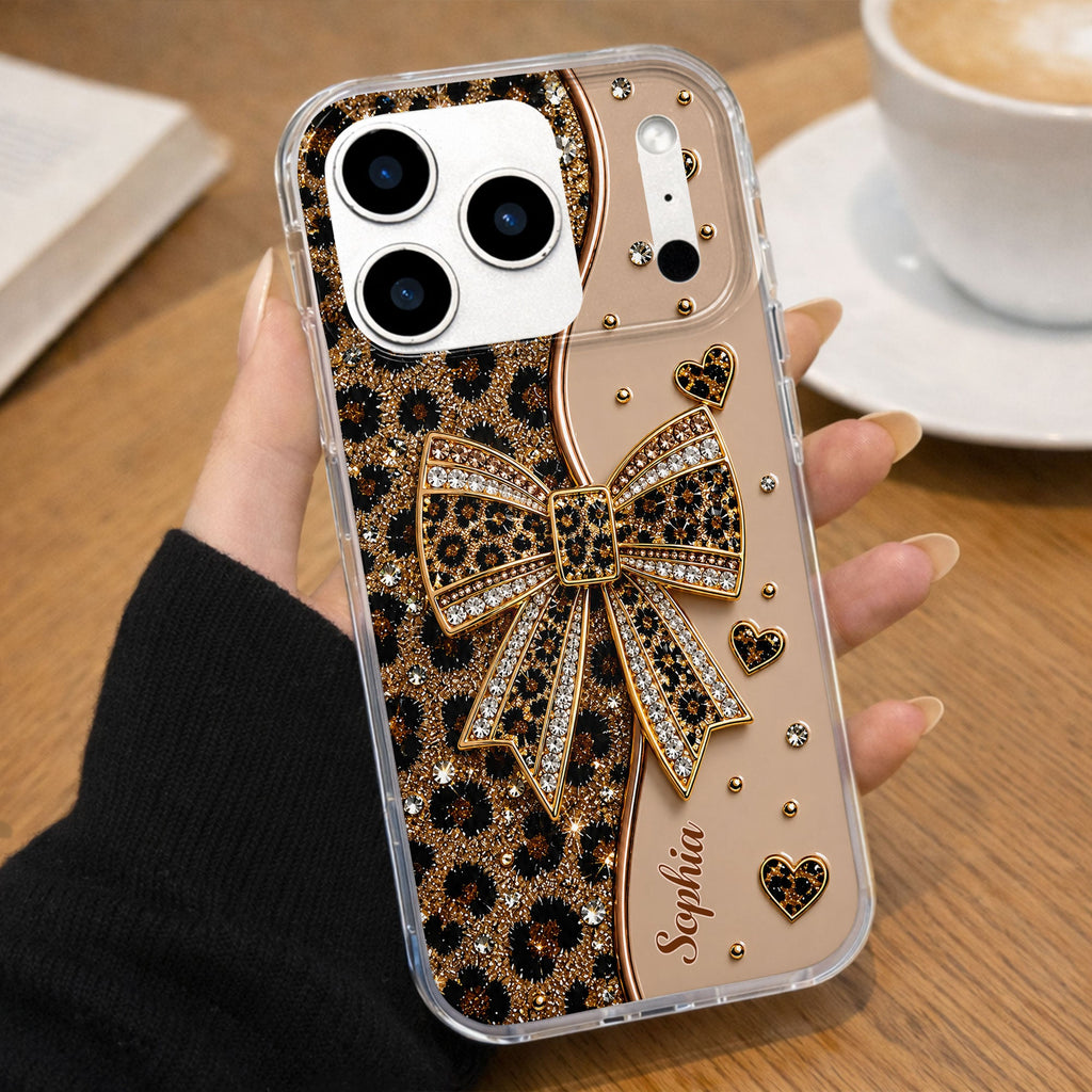 Personalized Leopard Print Clear Phone Case Custom Name Gift for Her