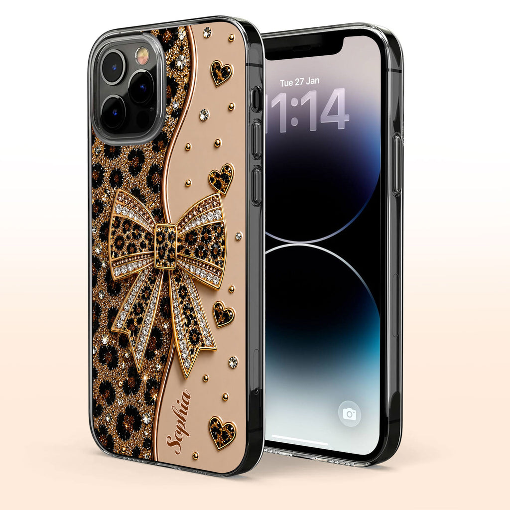 Personalized Leopard Print Clear Phone Case Custom Name Gift for Her