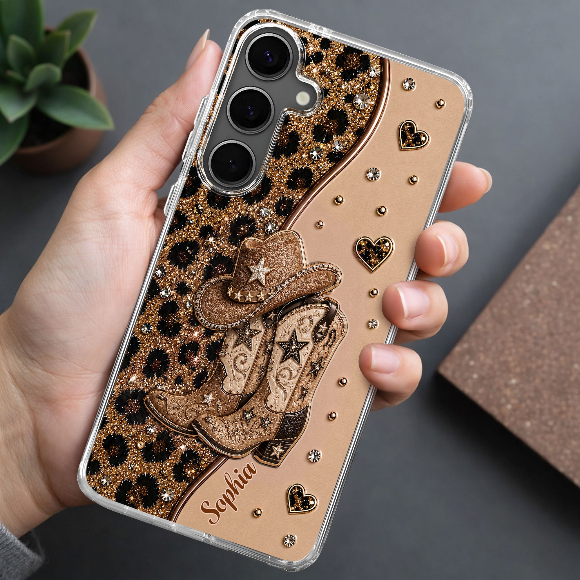 Personalized Clear Phone Case with Cowgirl Boots & Hat Glitter for Her