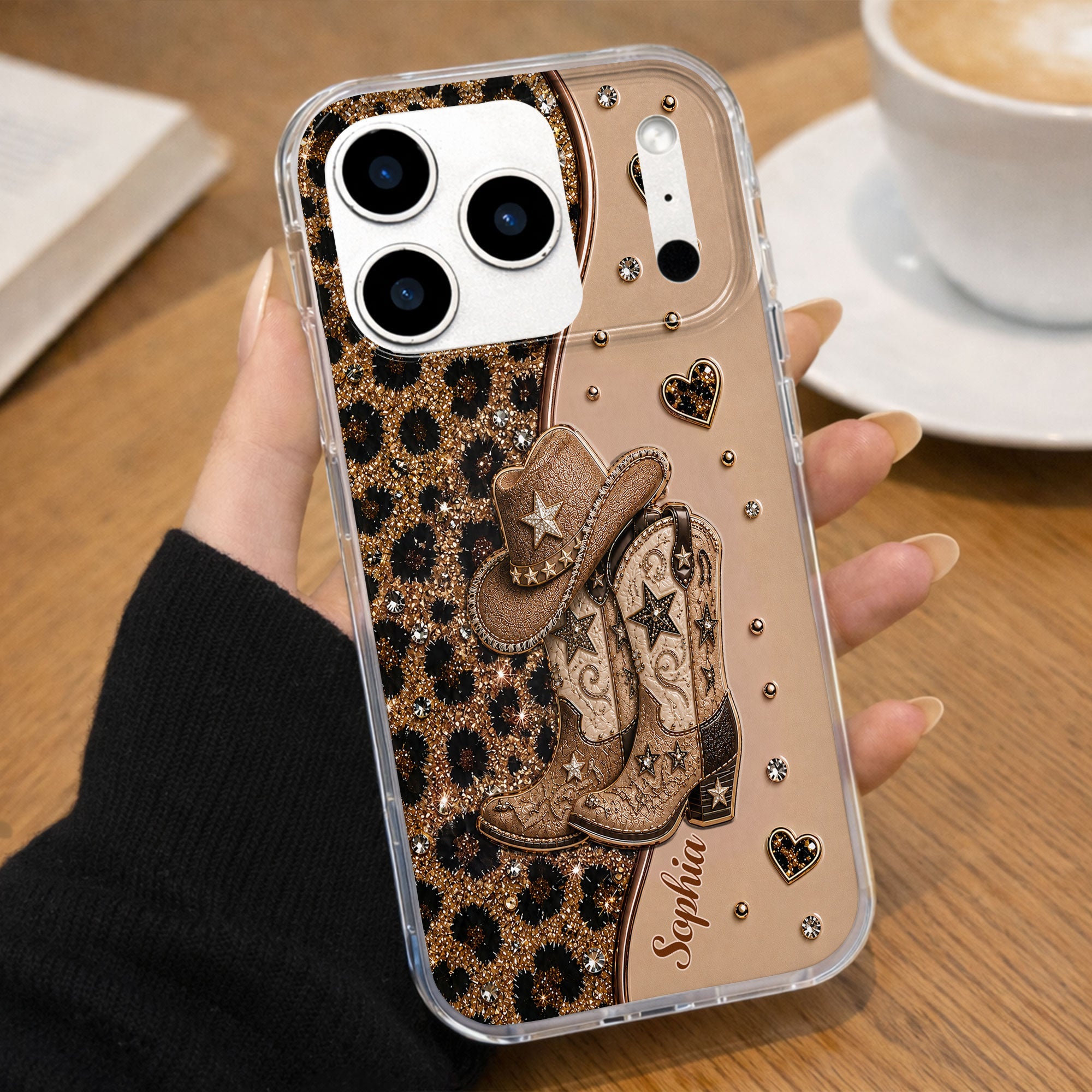 Personalized Clear Phone Case with Cowgirl Boots & Hat Glitter for Her