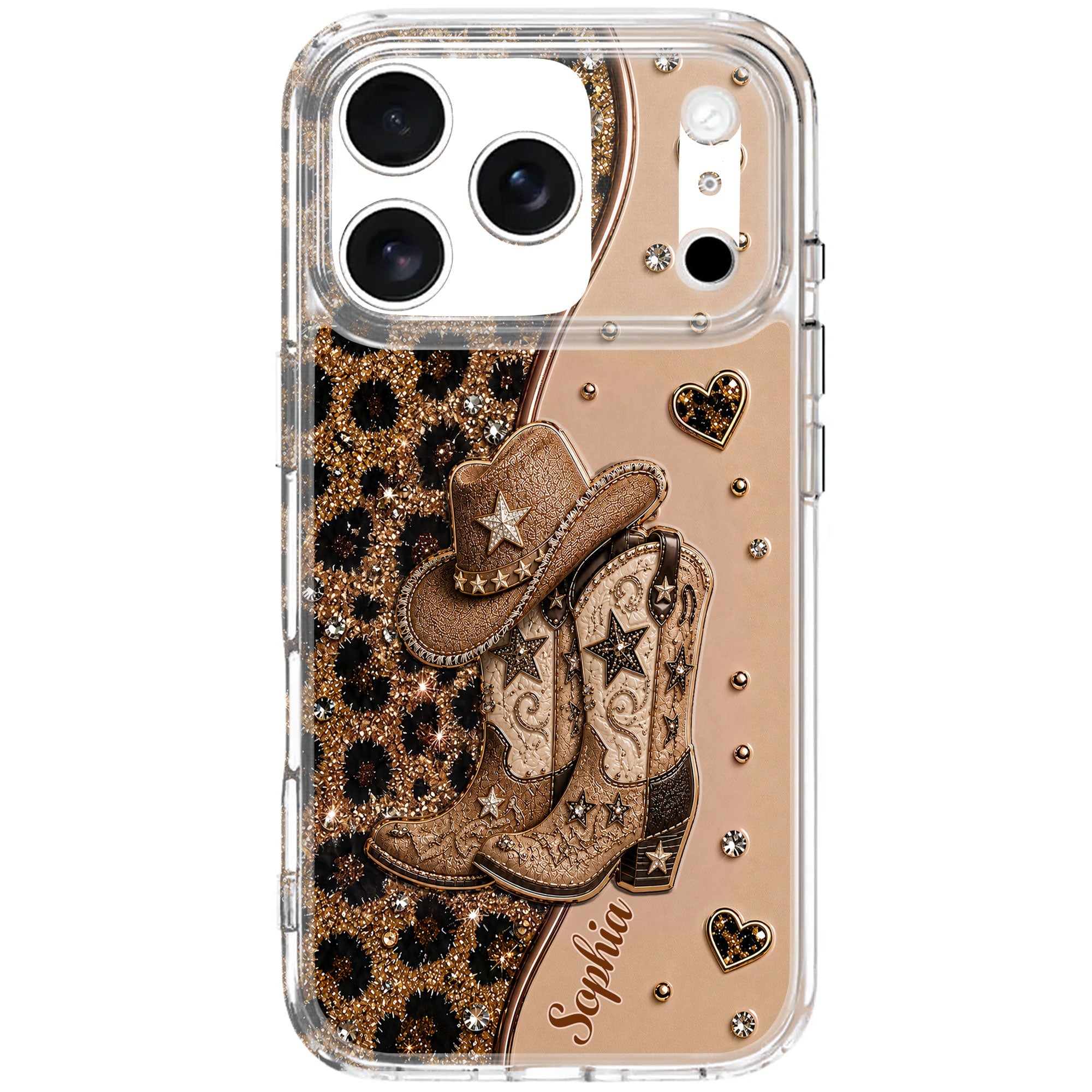 Personalized Clear Phone Case with Cowgirl Boots & Hat Glitter for Her