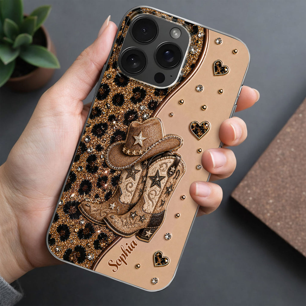 Personalized Clear Phone Case with Cowgirl Boots & Hat Glitter for Her