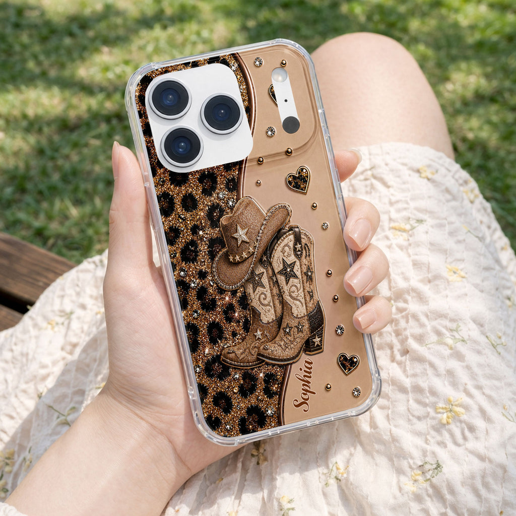 Personalized Clear Phone Case with Cowgirl Boots & Hat Glitter for Her