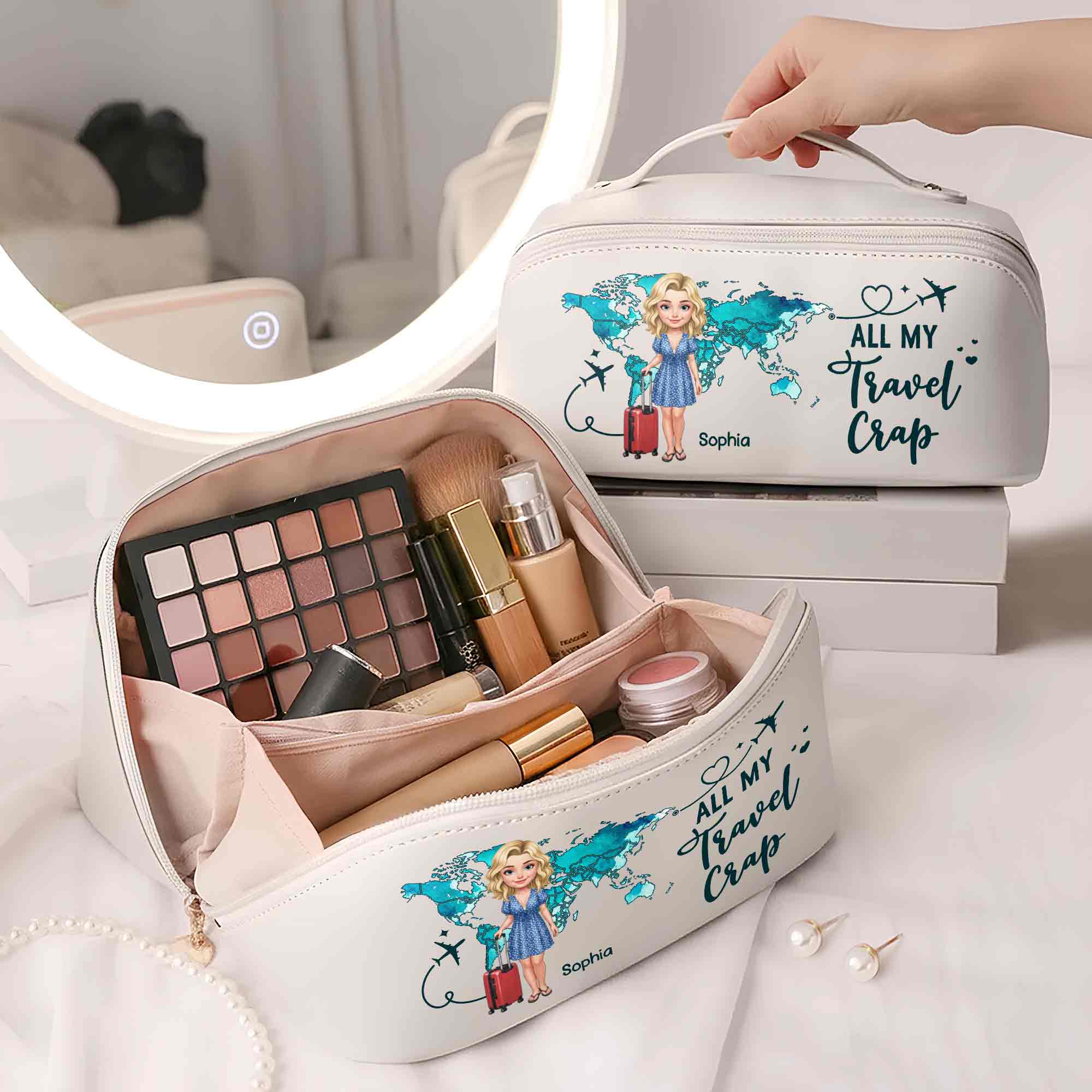 Personalized Faux Leather Makeup Bag Custom Name Gift for Women Leather Makeup Bag GradoCreations