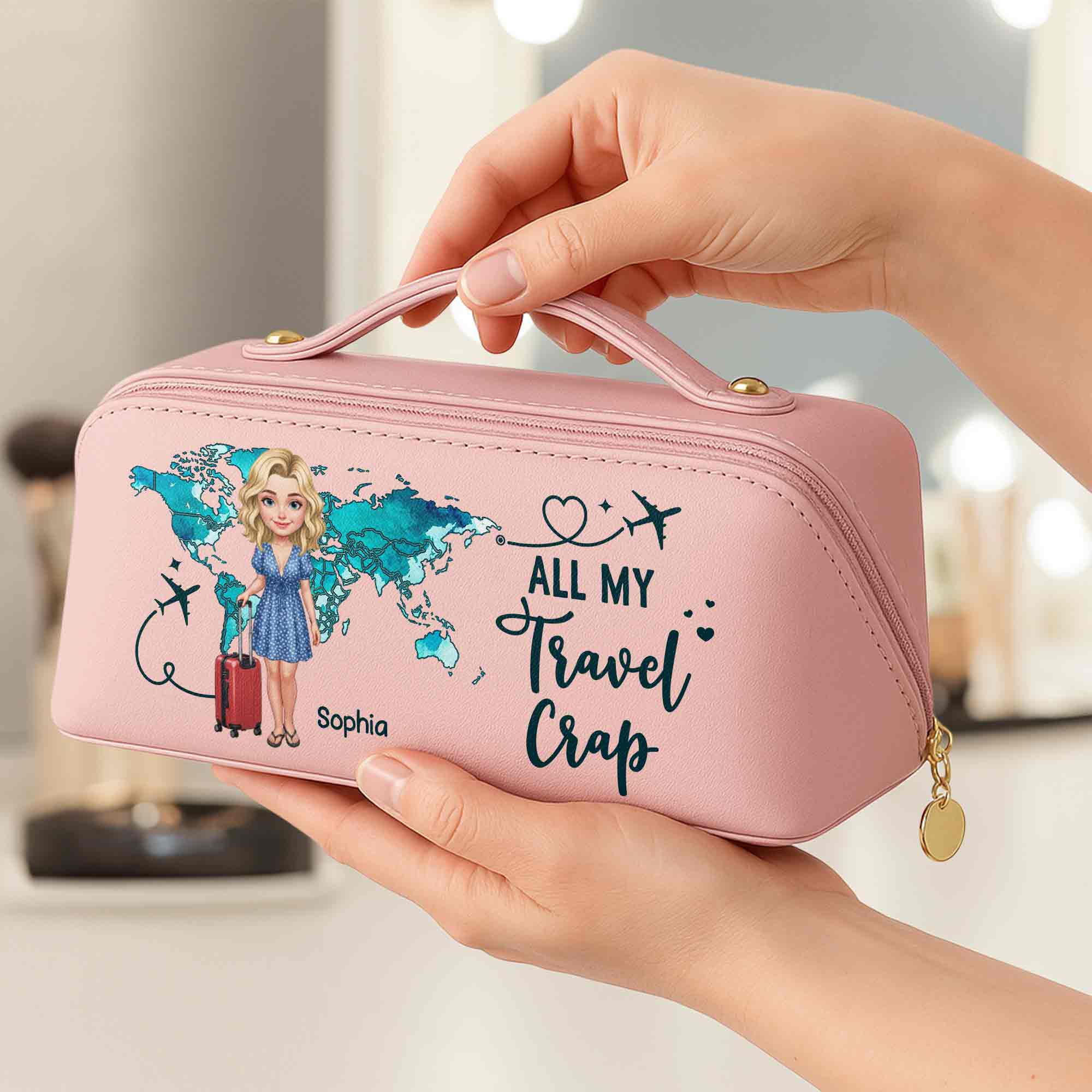 Personalized Faux Leather Makeup Bag Custom Name Gift for Women Leather Makeup Bag GradoCreations