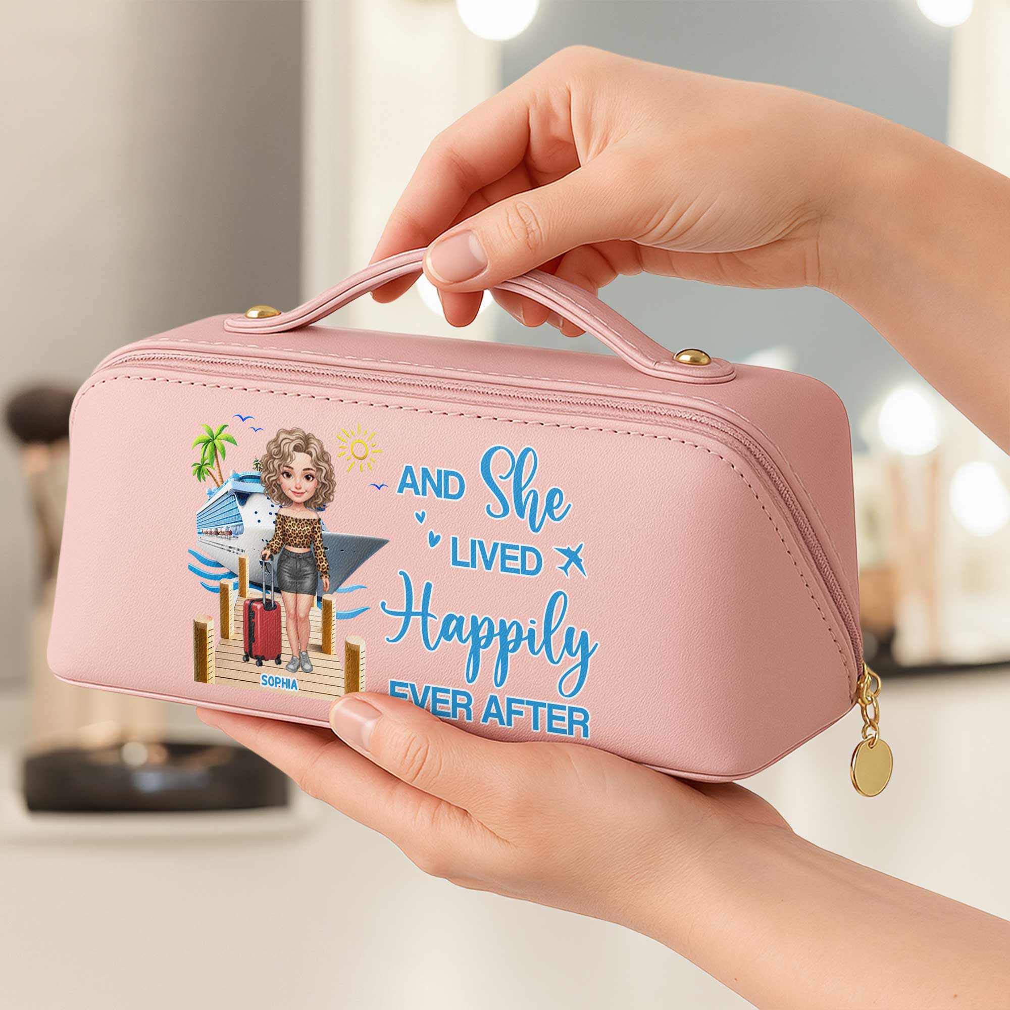 Personalized Faux Leather Makeup Bag Custom Name Travel Gift for Women Leather Makeup Bag GradoCreations