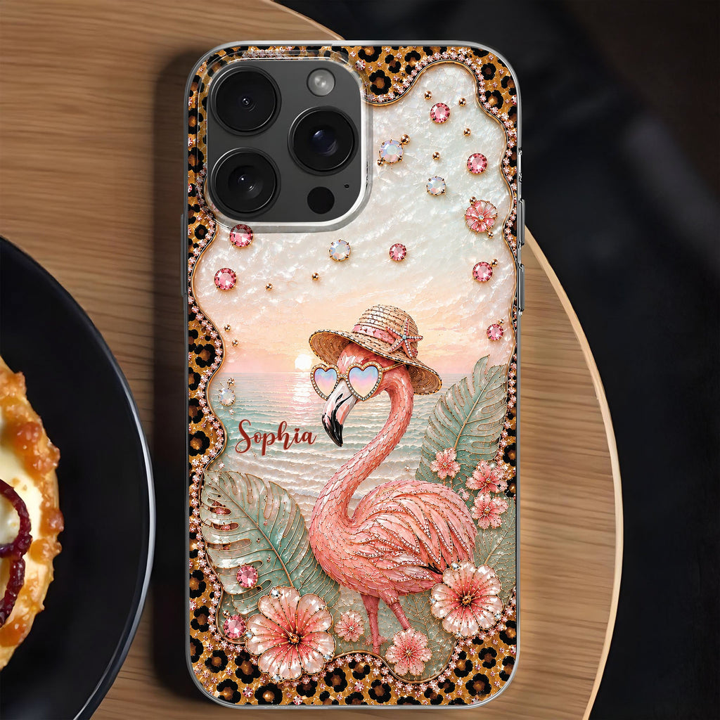 Personalized Clear Phone Case with Flamingo & Leopard Print for Her Clear Phone Case GradoCreations