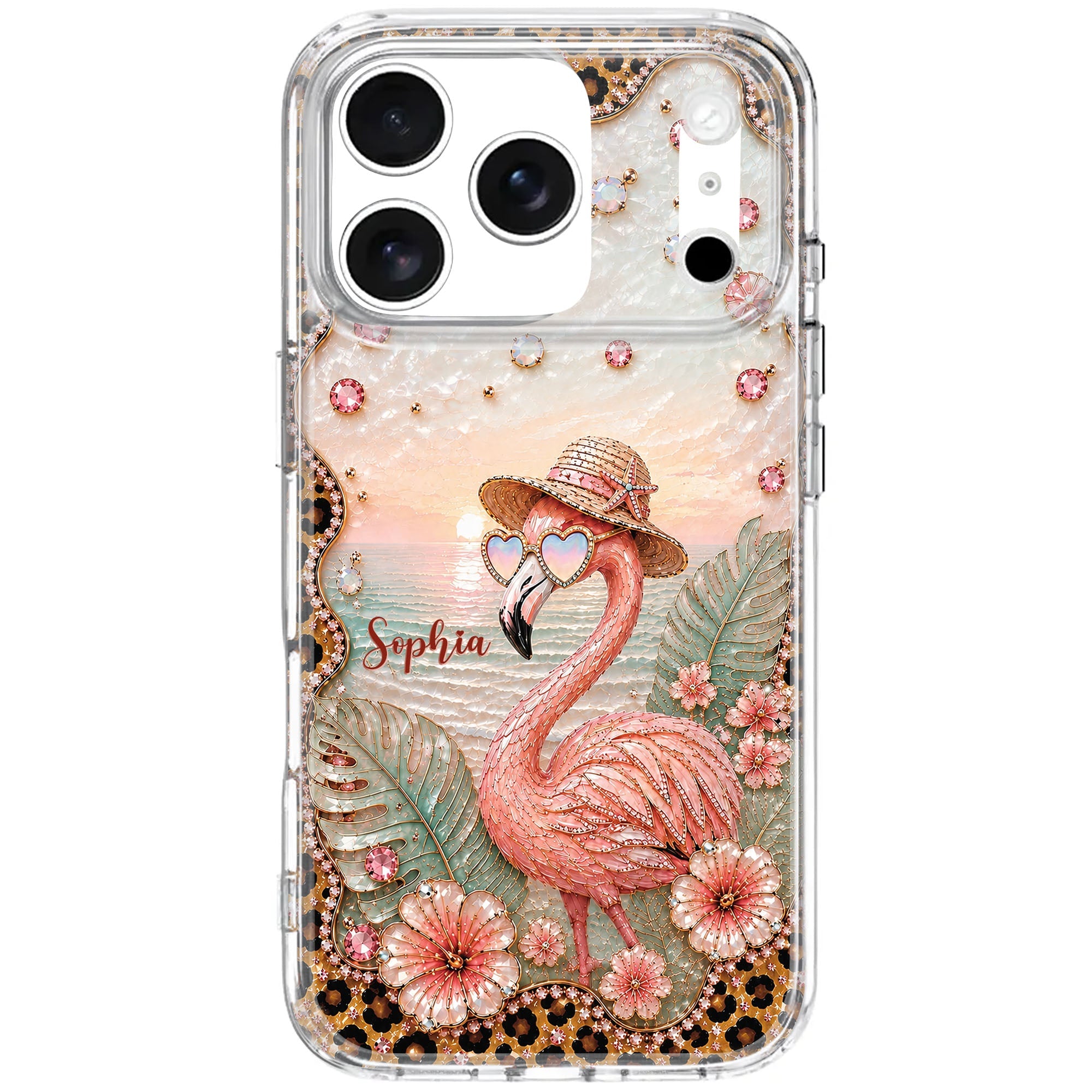 Personalized Clear Phone Case with Flamingo & Leopard Print for Her Clear Phone Case GradoCreations