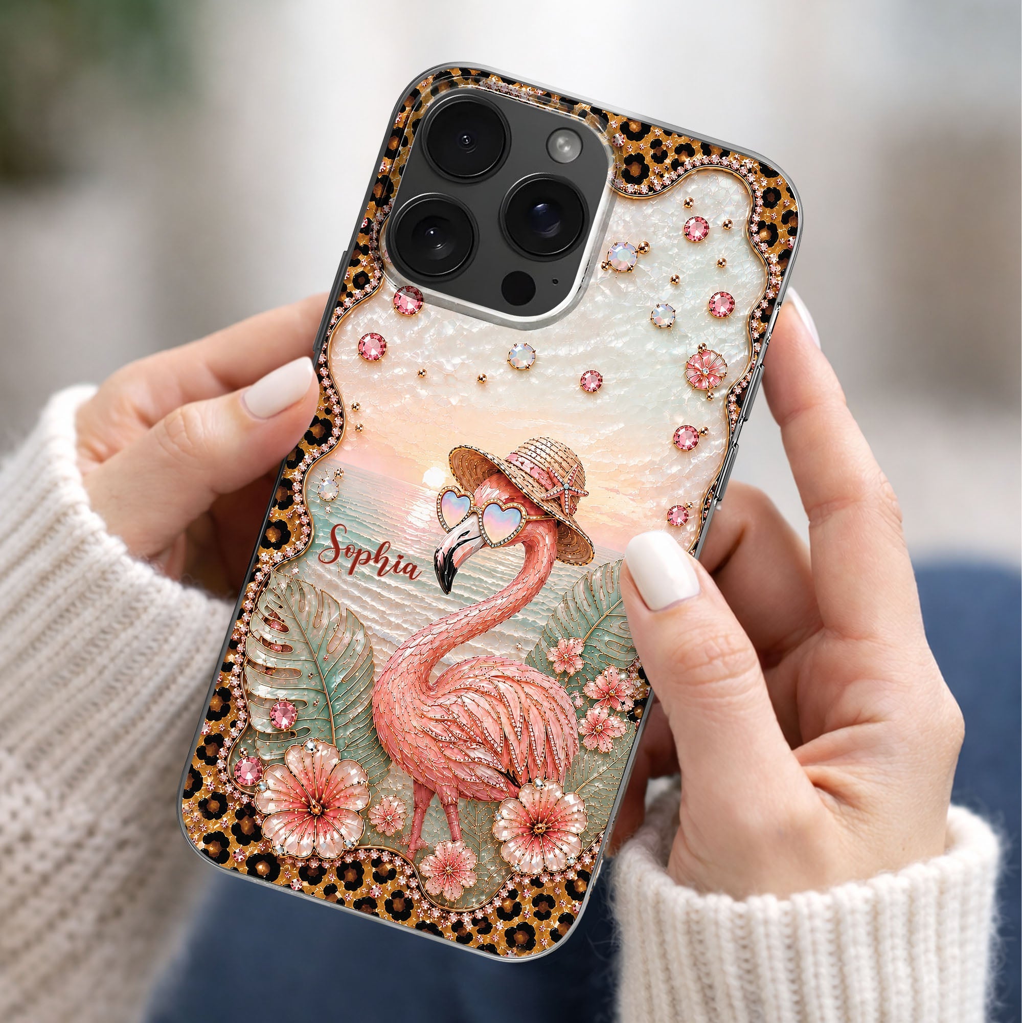 Personalized Clear Phone Case with Flamingo & Leopard Print for Her Clear Phone Case GradoCreations