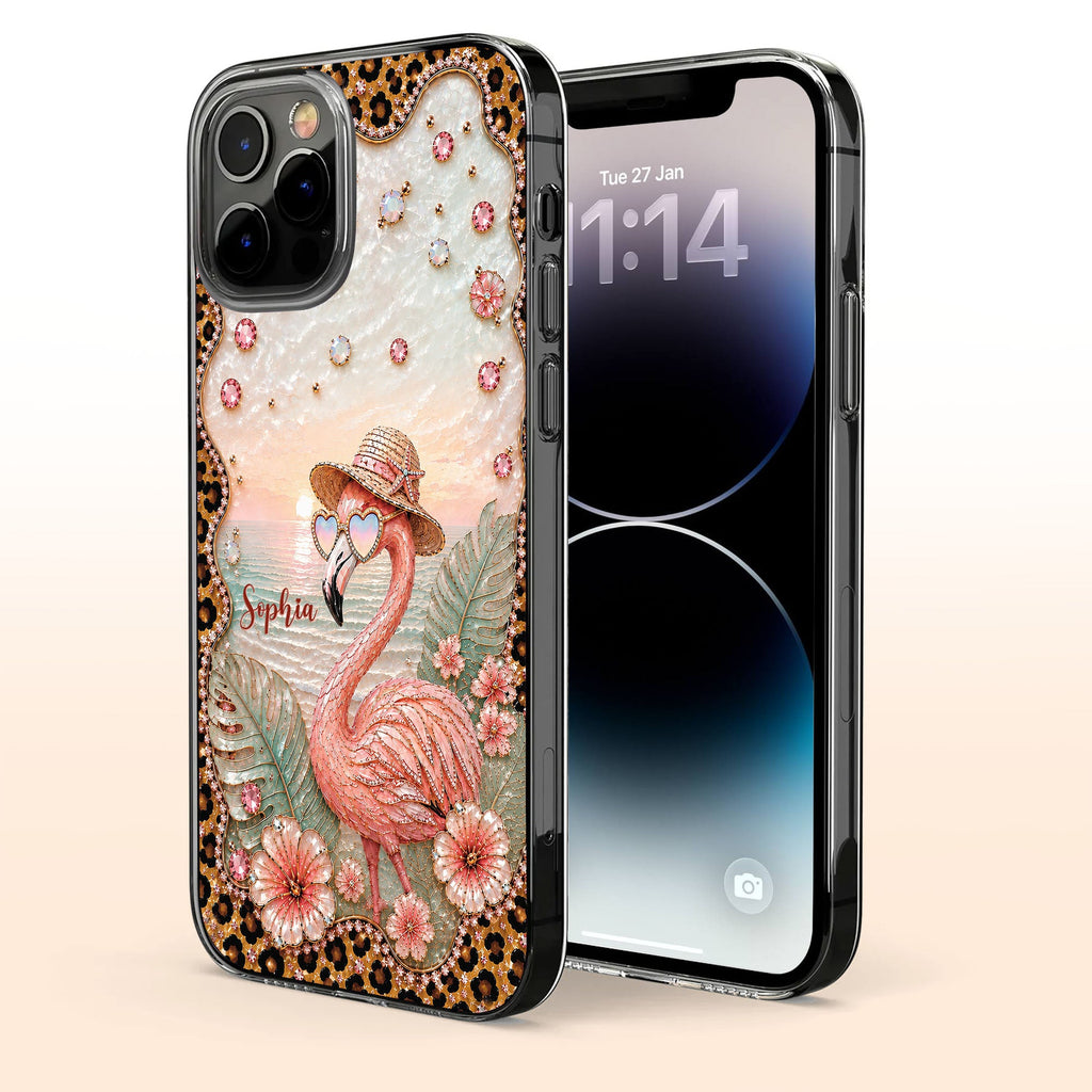 Personalized Clear Phone Case with Flamingo & Leopard Print for Her Clear Phone Case GradoCreations