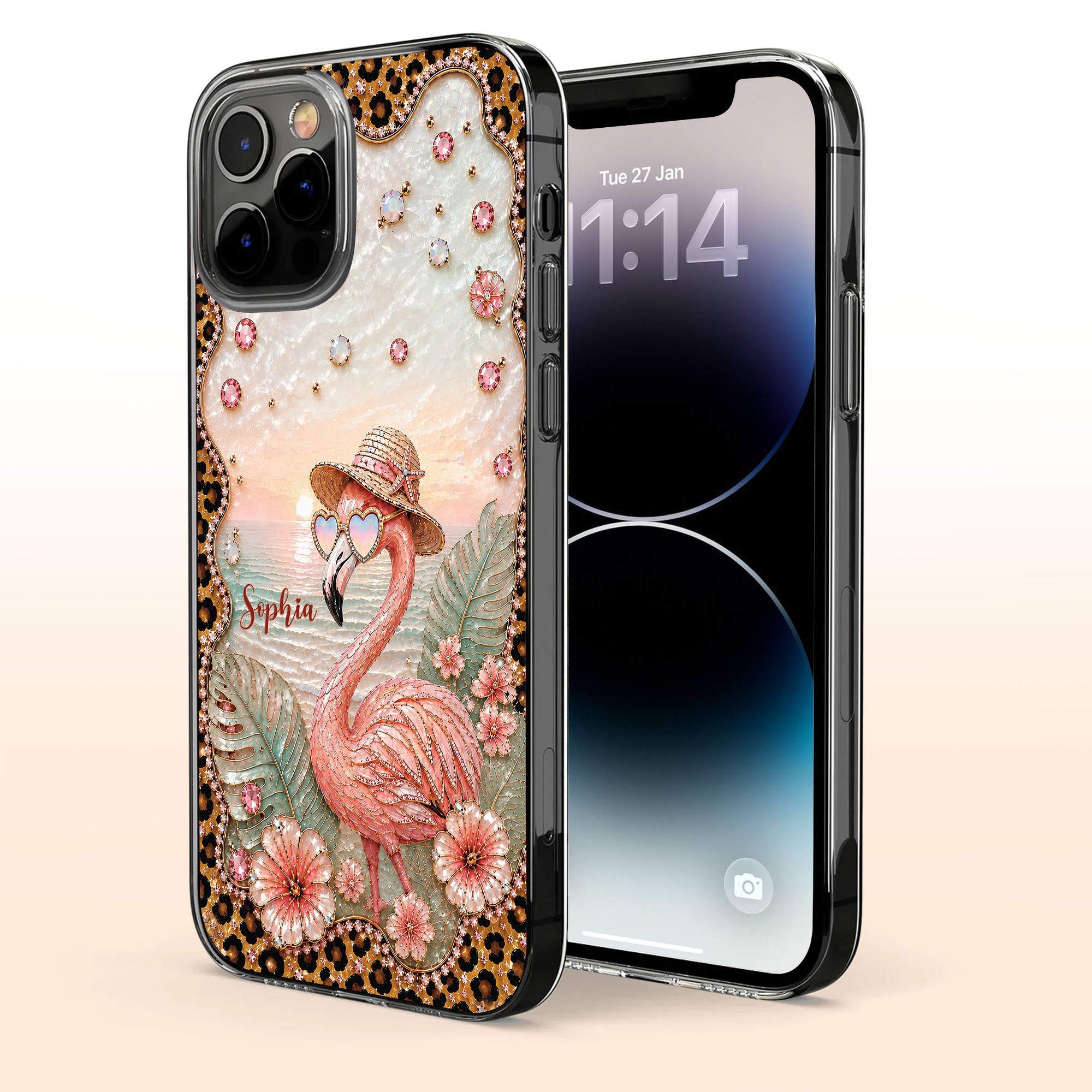 Personalized Clear Phone Case with Flamingo & Leopard Print for Her Clear Phone Case GradoCreations
