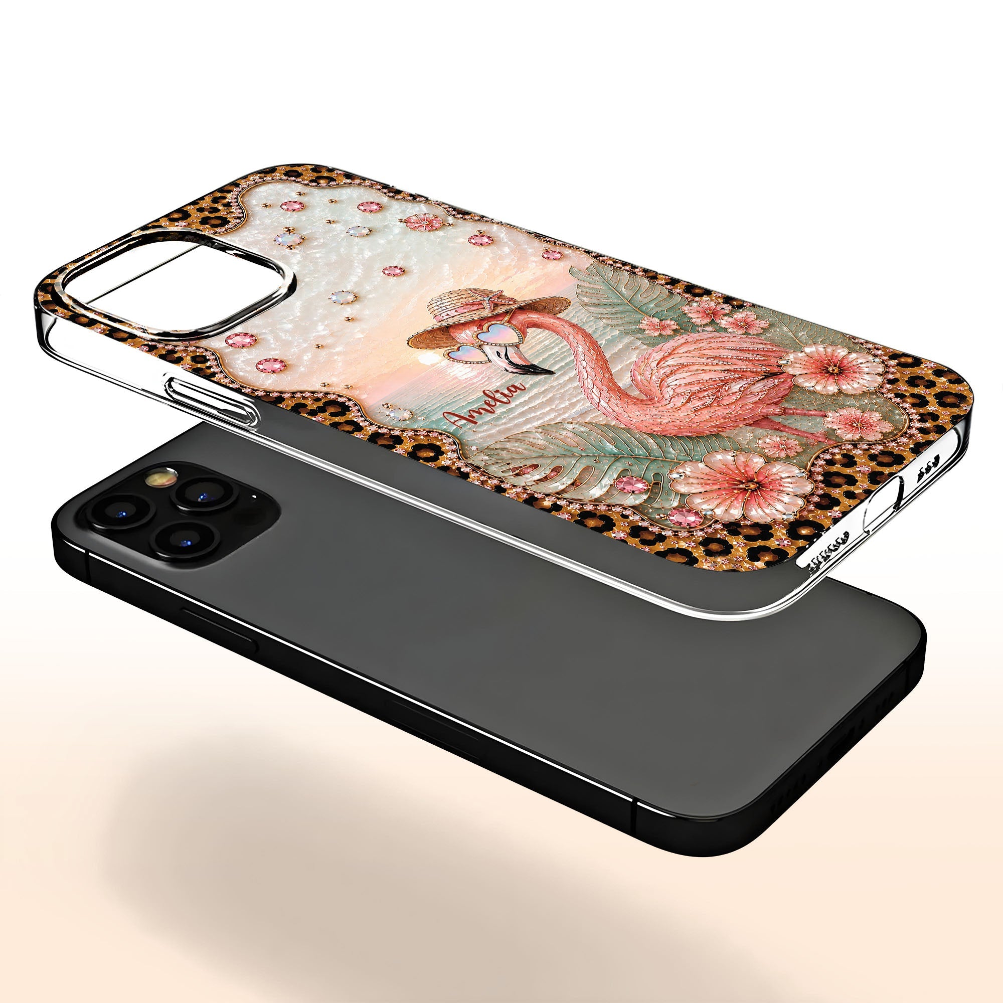 Personalized Clear Phone Case with Flamingo & Leopard Print for Her Clear Phone Case GradoCreations
