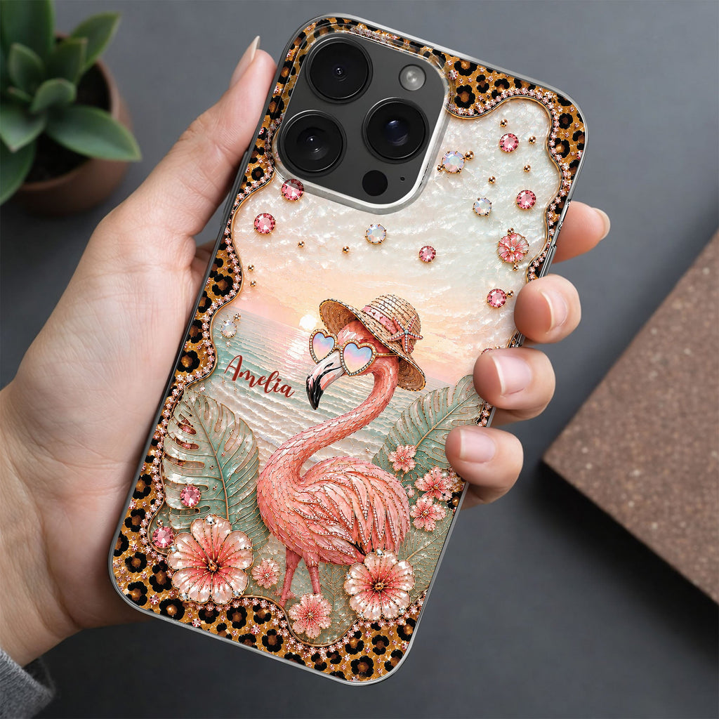Personalized Clear Phone Case with Flamingo & Leopard Print for Her Clear Phone Case GradoCreations
