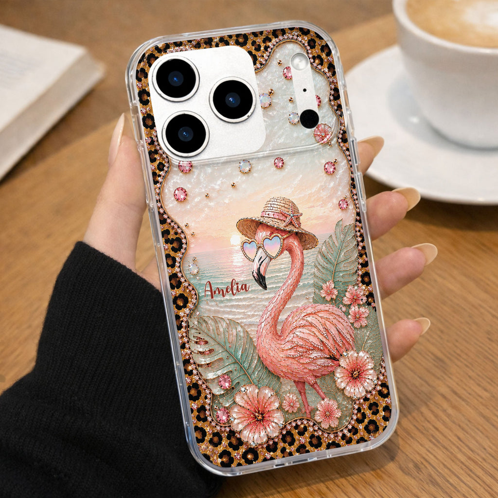 Personalized Clear Phone Case with Flamingo & Leopard Print for Her Clear Phone Case GradoCreations