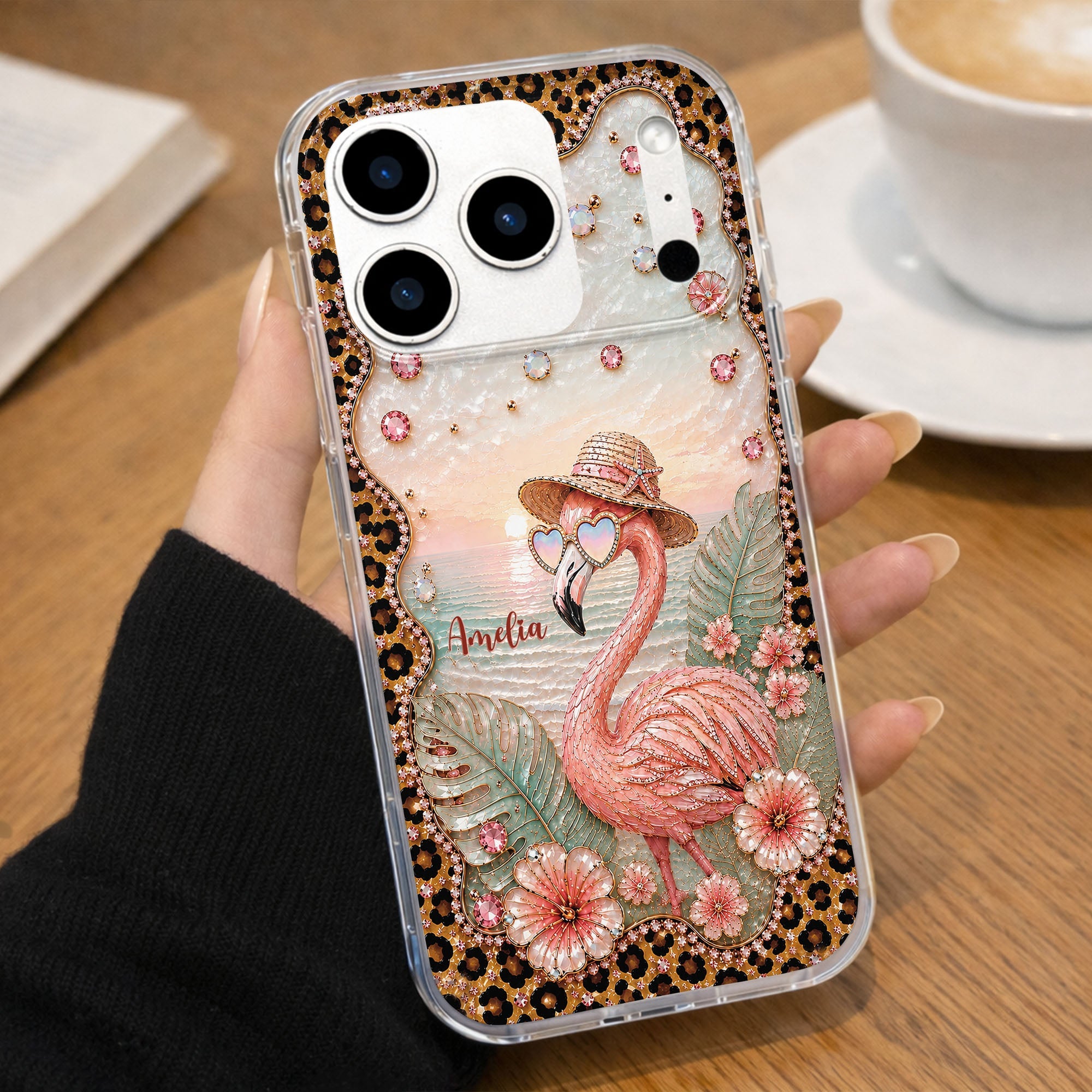 Personalized Clear Phone Case with Flamingo & Leopard Print for Her Clear Phone Case GradoCreations
