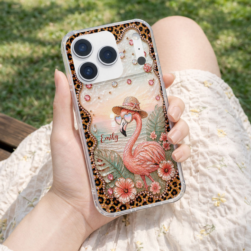 Personalized Clear Phone Case with Flamingo & Leopard Print for Her Clear Phone Case GradoCreations