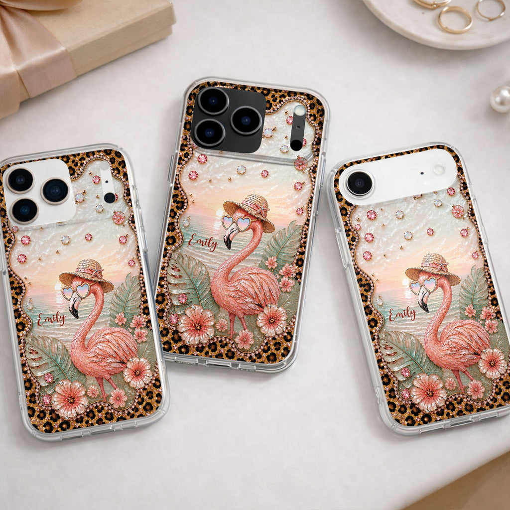 Personalized Clear Phone Case with Flamingo & Leopard Print for Her Clear Phone Case GradoCreations