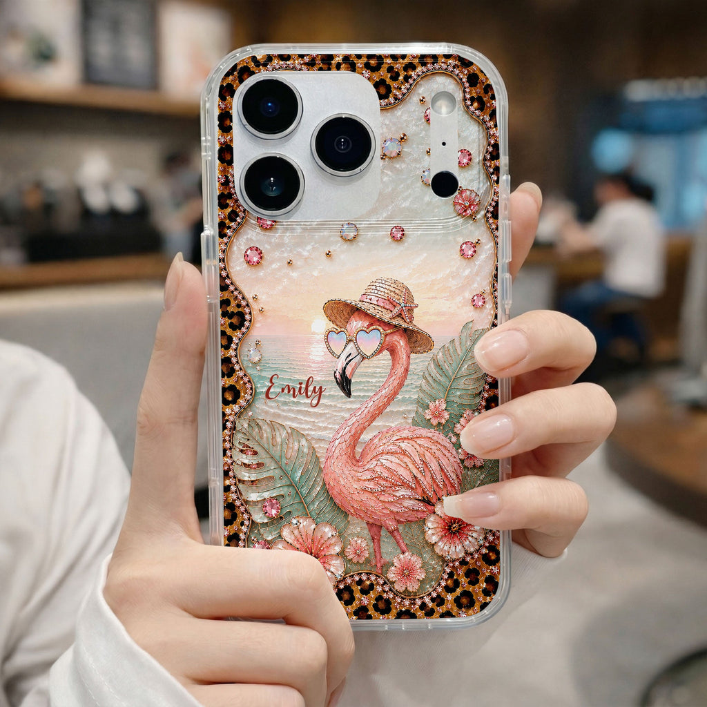 Personalized Clear Phone Case with Flamingo & Leopard Print for Her Clear Phone Case GradoCreations