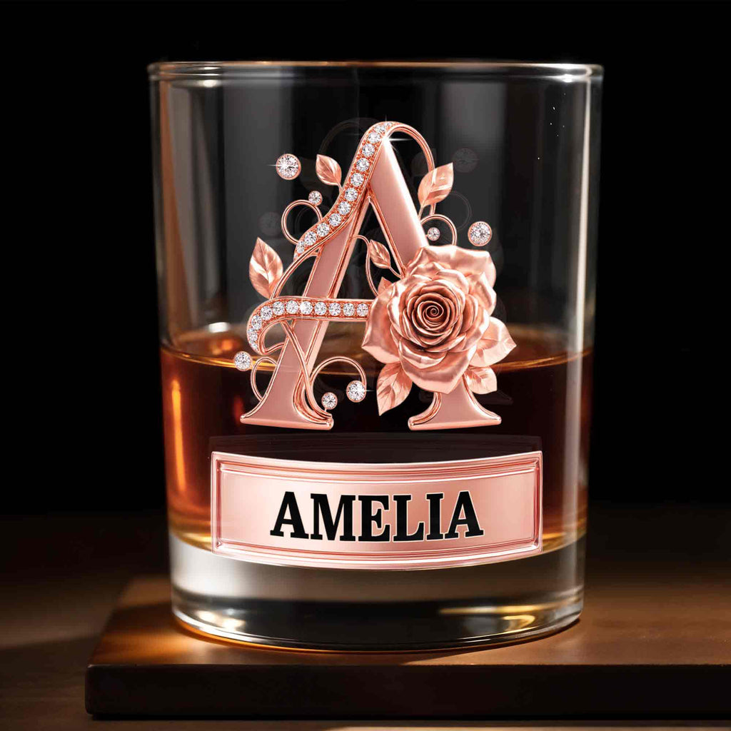 Personalized Floral Rose Gold Initial Custom Whiskey Glass Gift Whiskey Glass GradoCreations