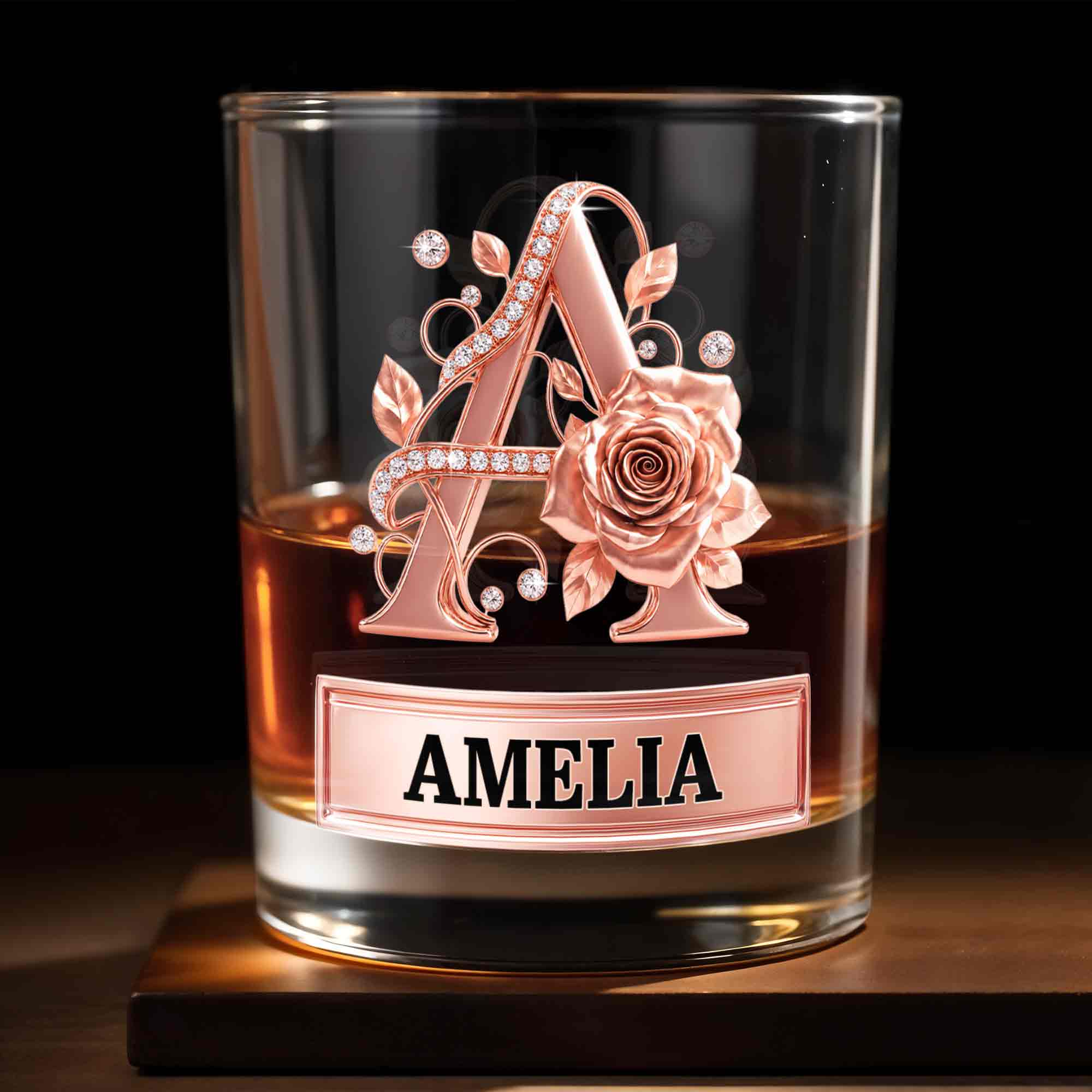 Personalized Floral Rose Gold Initial Custom Whiskey Glass Gift Whiskey Glass GradoCreations
