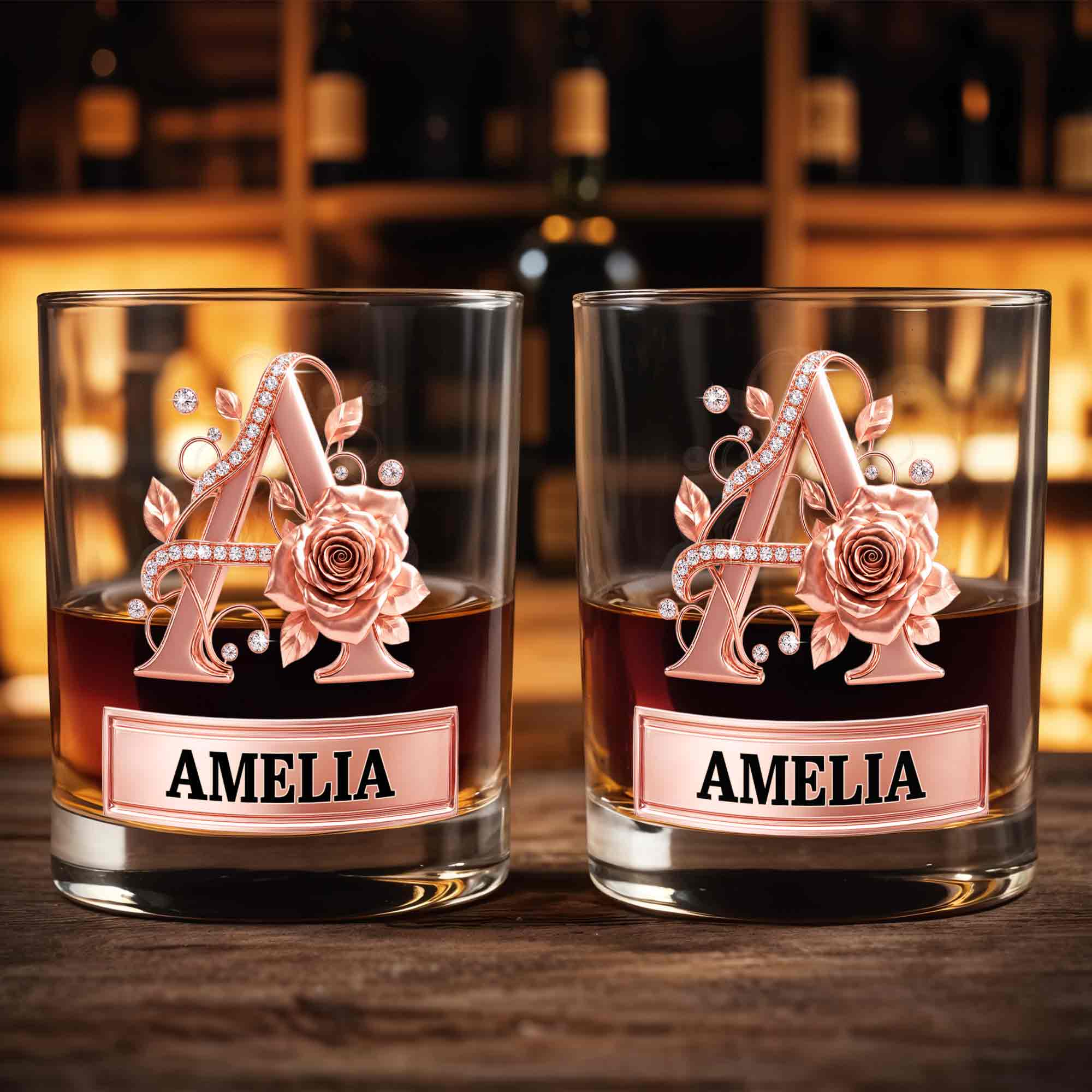 Personalized Floral Rose Gold Initial Custom Whiskey Glass Gift Whiskey Glass GradoCreations