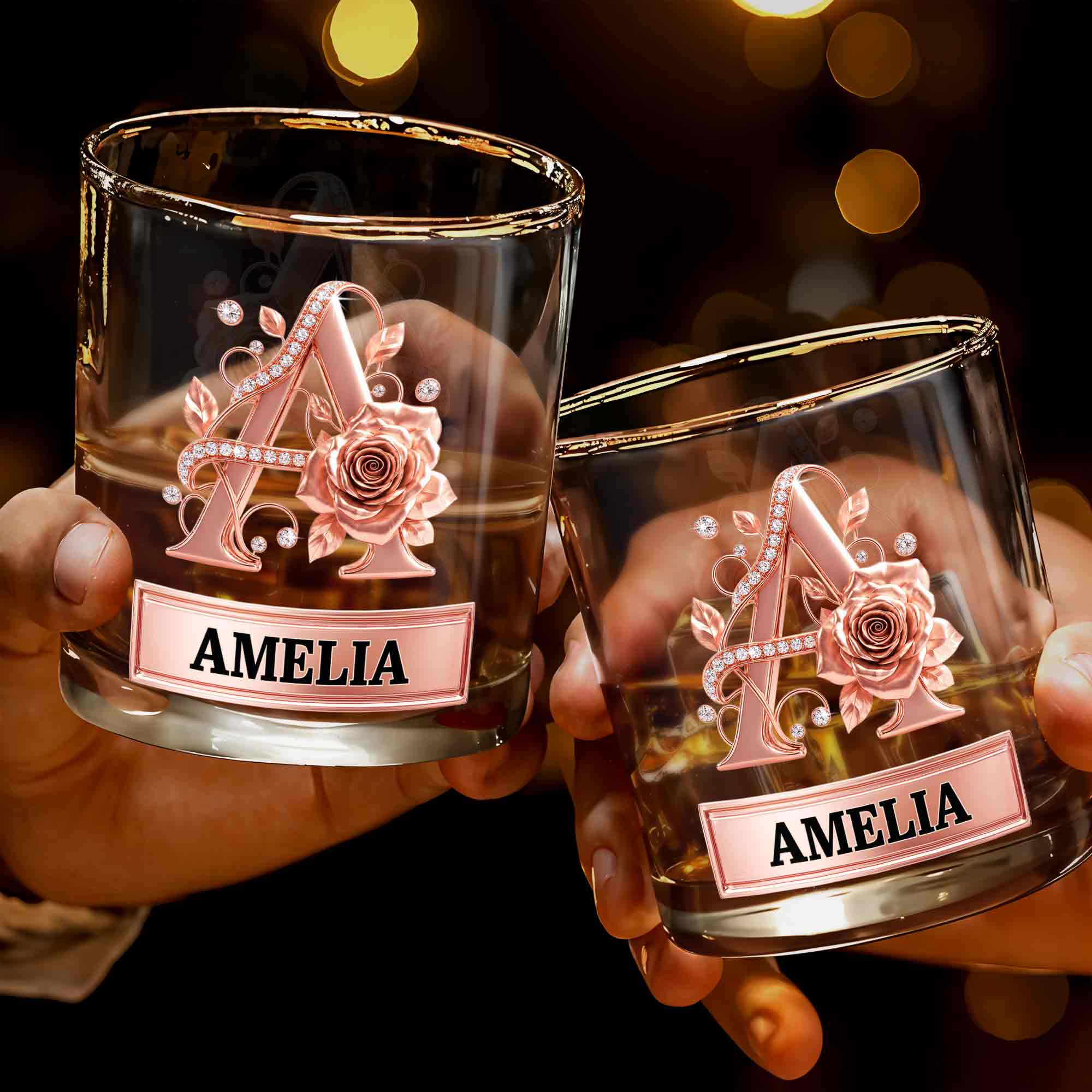 Personalized Floral Rose Gold Initial Custom Whiskey Glass Gift Whiskey Glass GradoCreations