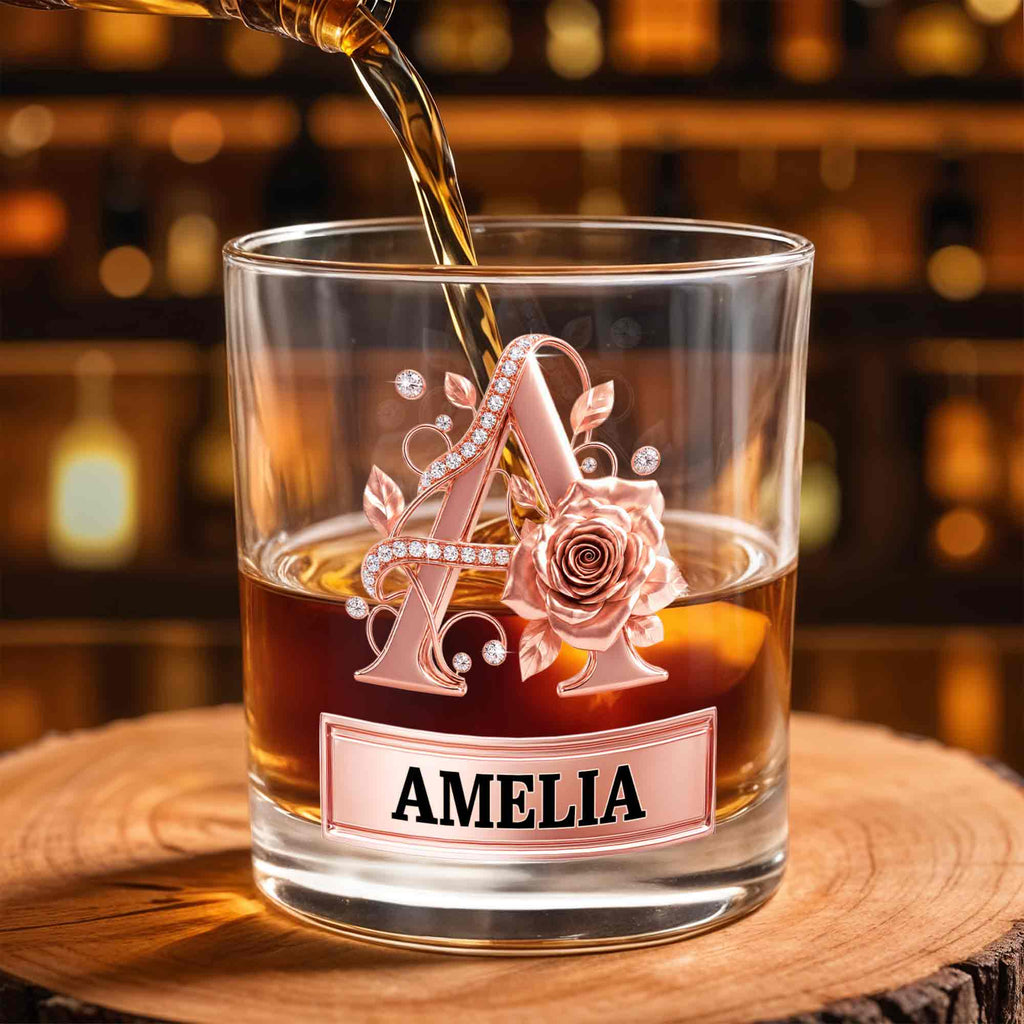 Personalized Floral Rose Gold Initial Custom Whiskey Glass Gift Whiskey Glass GradoCreations