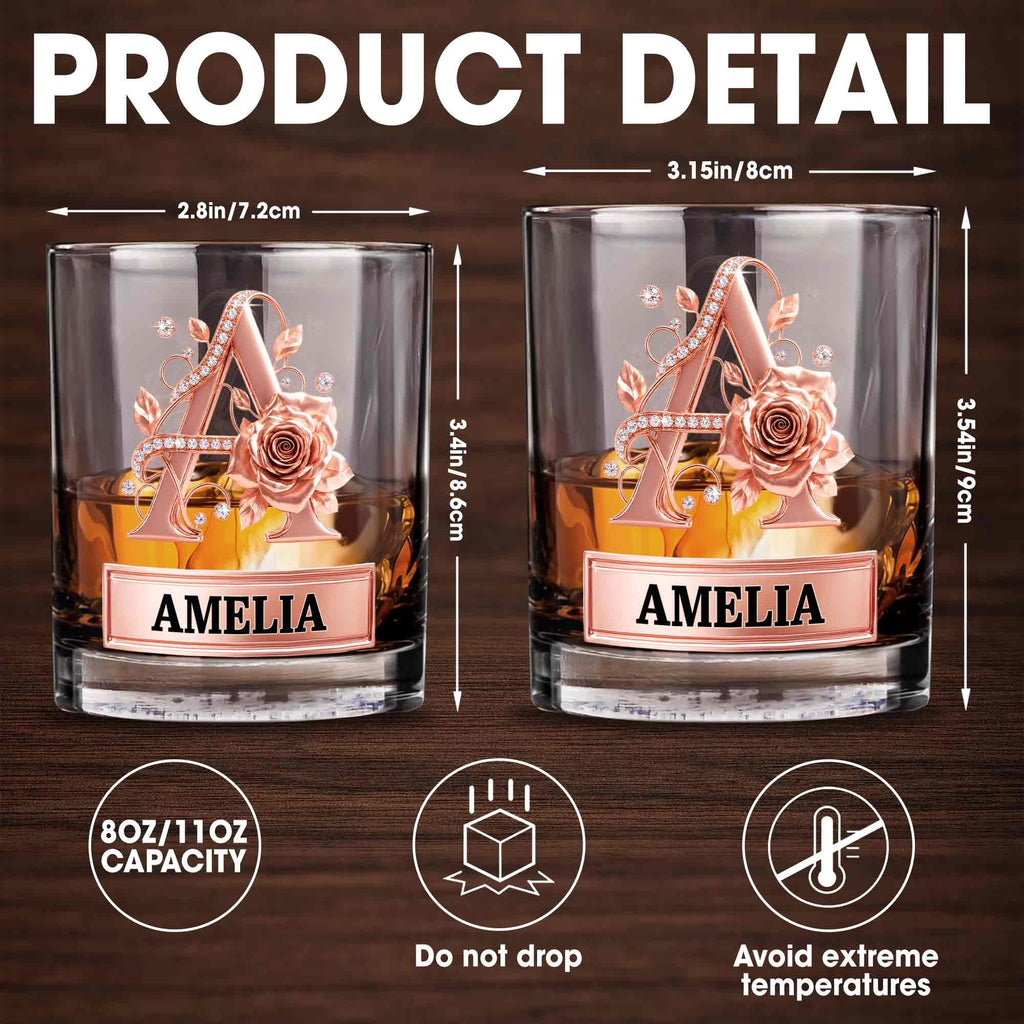 Personalized Floral Rose Gold Initial Custom Whiskey Glass Gift Whiskey Glass GradoCreations