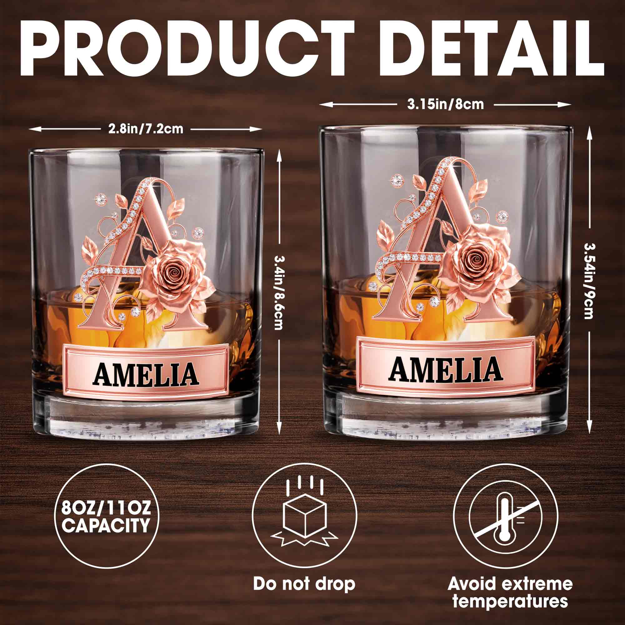 Personalized Floral Rose Gold Initial Custom Whiskey Glass Gift Whiskey Glass GradoCreations
