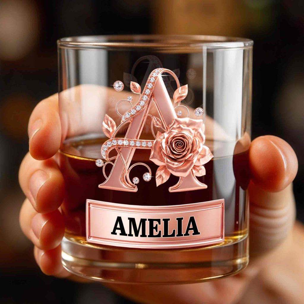 Personalized Floral Rose Gold Initial Custom Whiskey Glass Gift Whiskey Glass GradoCreations
