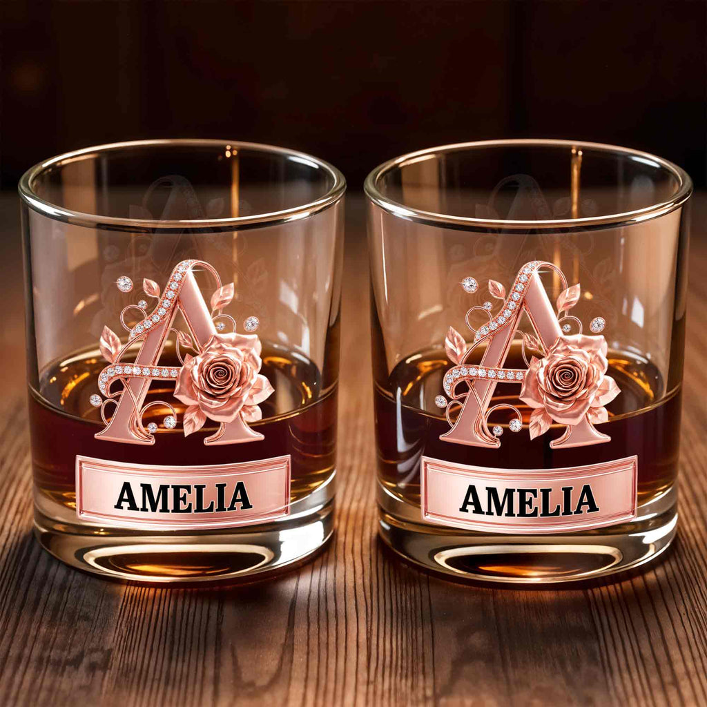 Personalized Floral Rose Gold Initial Custom Whiskey Glass Gift Whiskey Glass GradoCreations