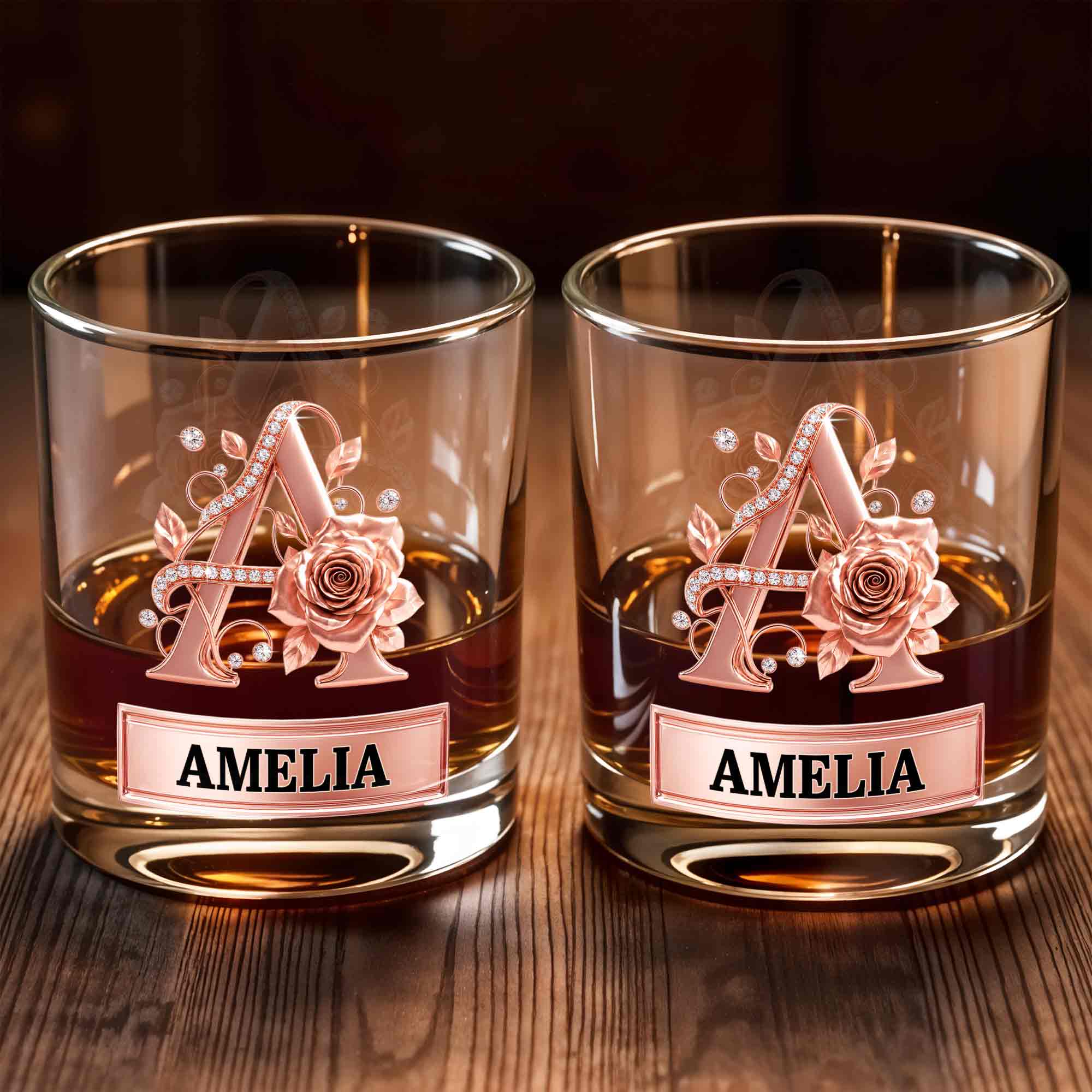 Personalized Floral Rose Gold Initial Custom Whiskey Glass Gift Whiskey Glass GradoCreations