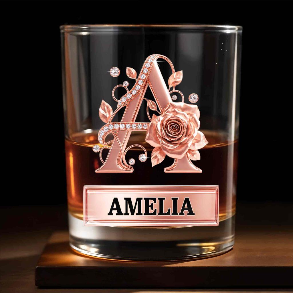 Personalized Floral Rose Gold Initial Custom Whiskey Glass Gift Whiskey Glass GradoCreations