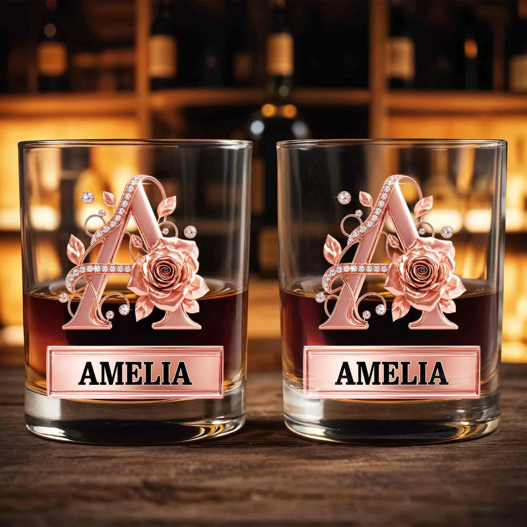 Personalized Floral Rose Gold Initial Custom Whiskey Glass Gift Whiskey Glass GradoCreations