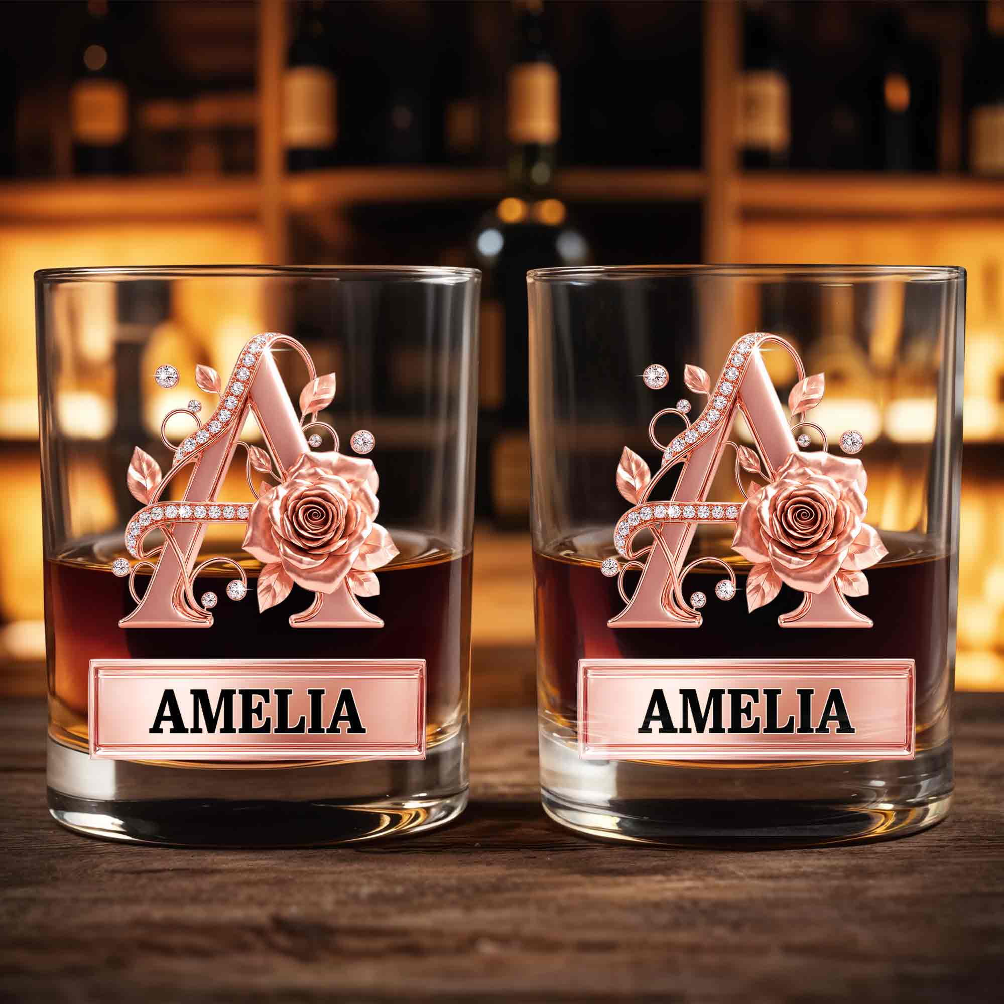 Personalized Floral Rose Gold Initial Custom Whiskey Glass Gift Whiskey Glass GradoCreations