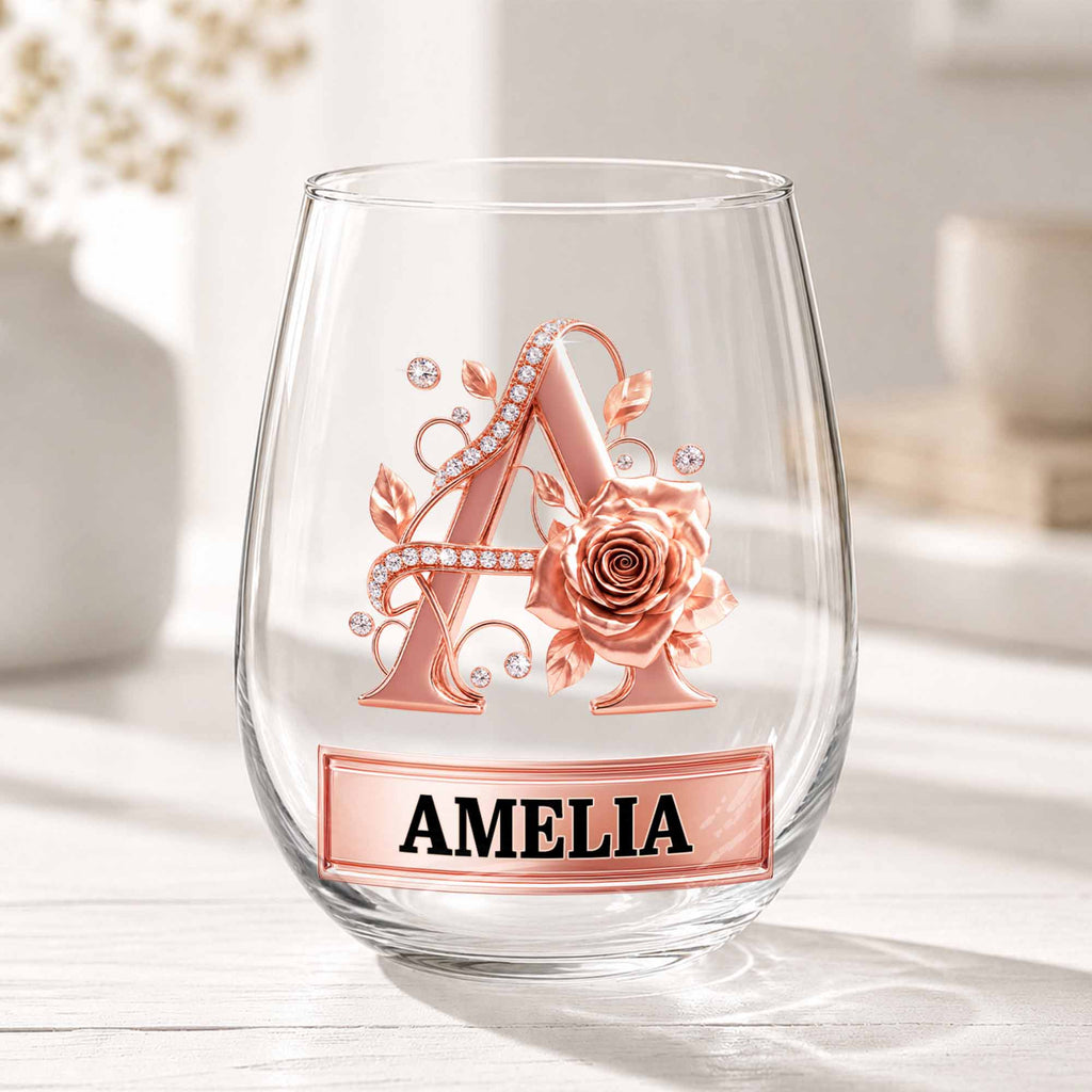Personalized Stemless Wine Glass with Floral Monogram Gift for Her Wine Glasses GradoCreations