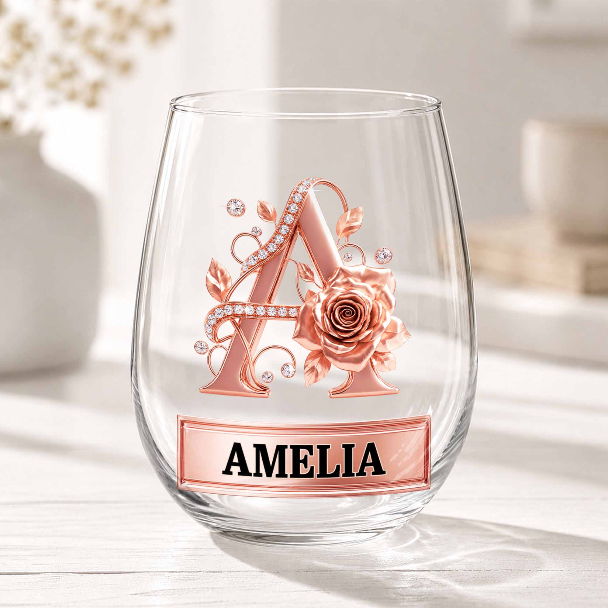 Personalized Stemless Wine Glass with Floral Monogram Gift for Her Wine Glasses GradoCreations