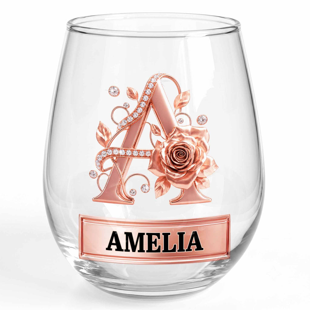Personalized Stemless Wine Glass with Floral Monogram Gift for Her Wine Glasses GradoCreations