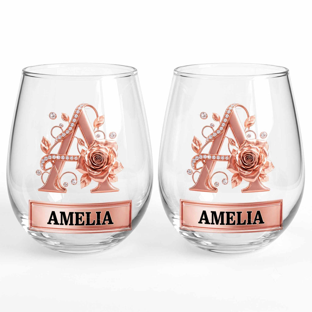 Personalized Stemless Wine Glass with Floral Monogram Gift for Her Wine Glasses GradoCreations
