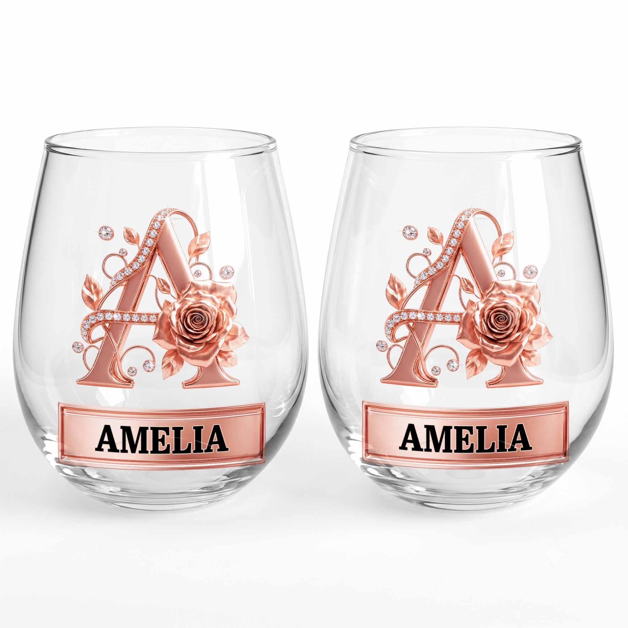 Personalized Stemless Wine Glass with Floral Monogram Gift for Her Wine Glasses GradoCreations